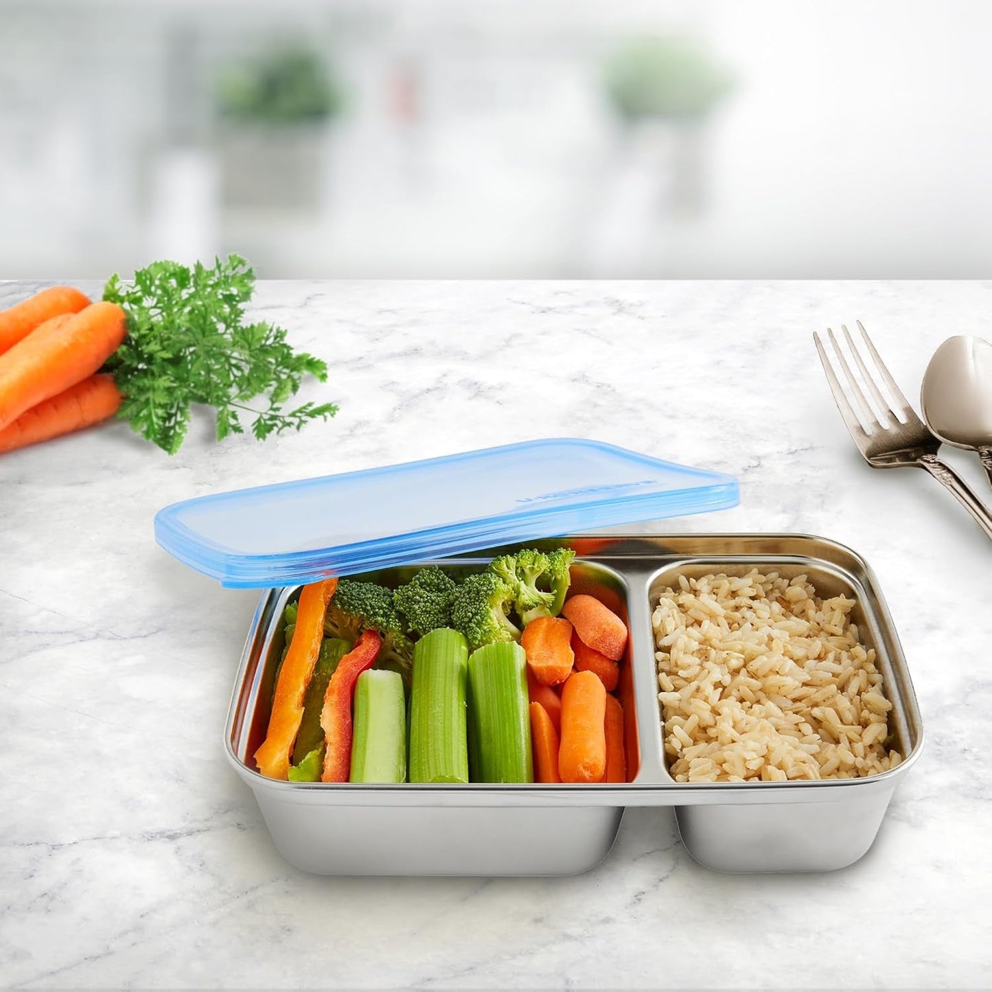 U Konserve - Recipiente para alimentos rectangular dividido de acero inoxidable con tapa de silicona - Island Teal - Cajas de almacenamiento de alimentos de 28 oz / 825 ml Naty Shop