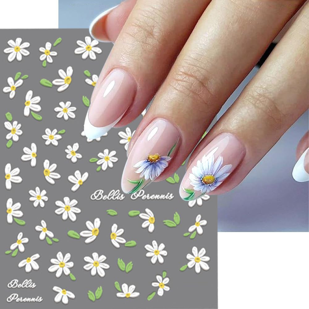 5D en relieve margaritas blancas pegatinas de uñas flores pegatinas de uñas flores pegatinas autoadhesivas pegatinas de arte de uñas margaritas accesorios de decoración de uñas pegatinas de diseño de flores arte de uñas