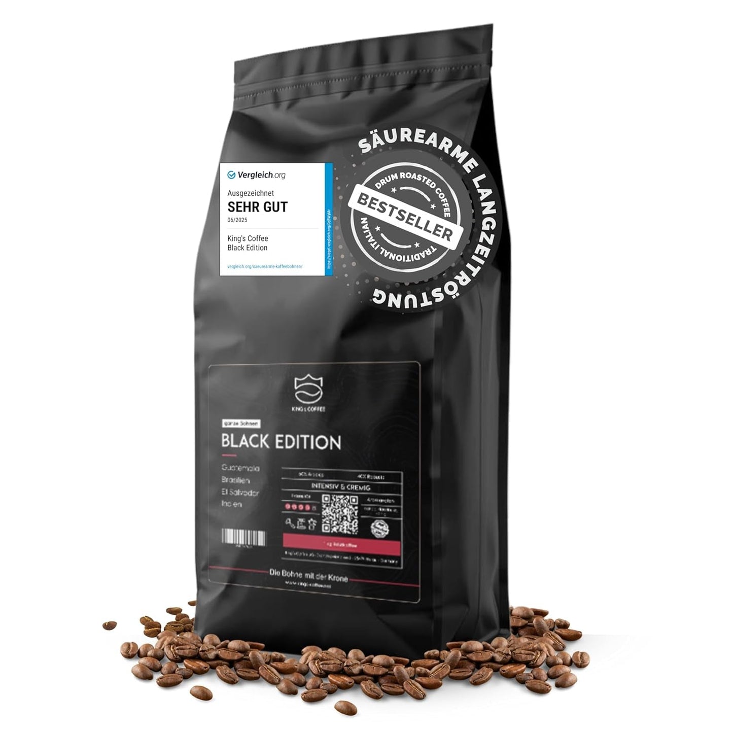 KING'S COFFEE - EDICIÓN NEGRA - 1 kg de granos de café de crema intensa - Café de baja acidez - Tostado en pequeños lotes de Italia - Fuertes granos de espresso Arábica (mezcla) para máquinas totalmente automáticas y con portafiltro