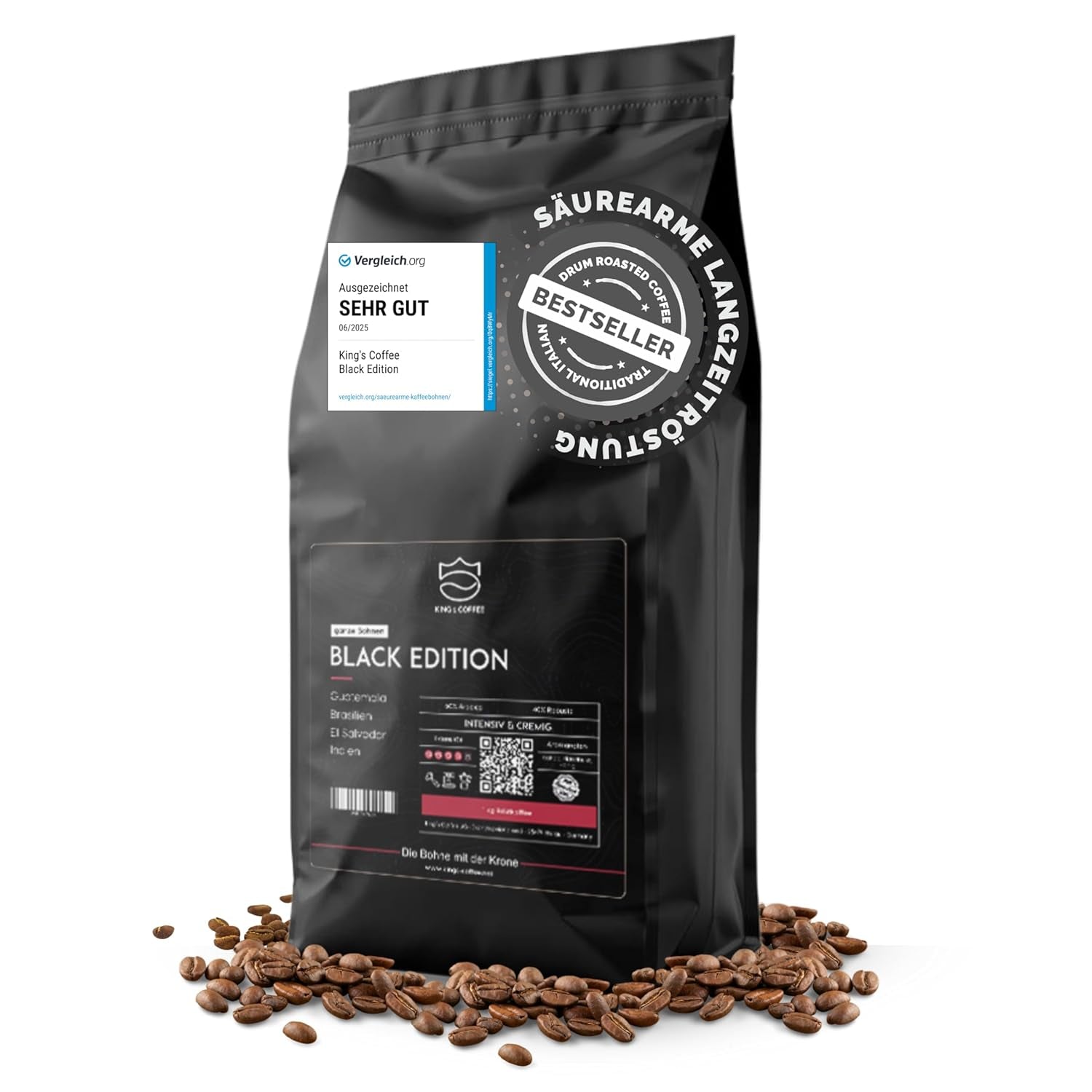 KING'S COFFEE - EDICIÓN NEGRA - 1 kg de granos de café de crema intensa - Café de baja acidez - Tostado en pequeños lotes de Italia - Fuertes granos de espresso Arábica (mezcla) para máquinas totalmente automáticas y con portafiltro