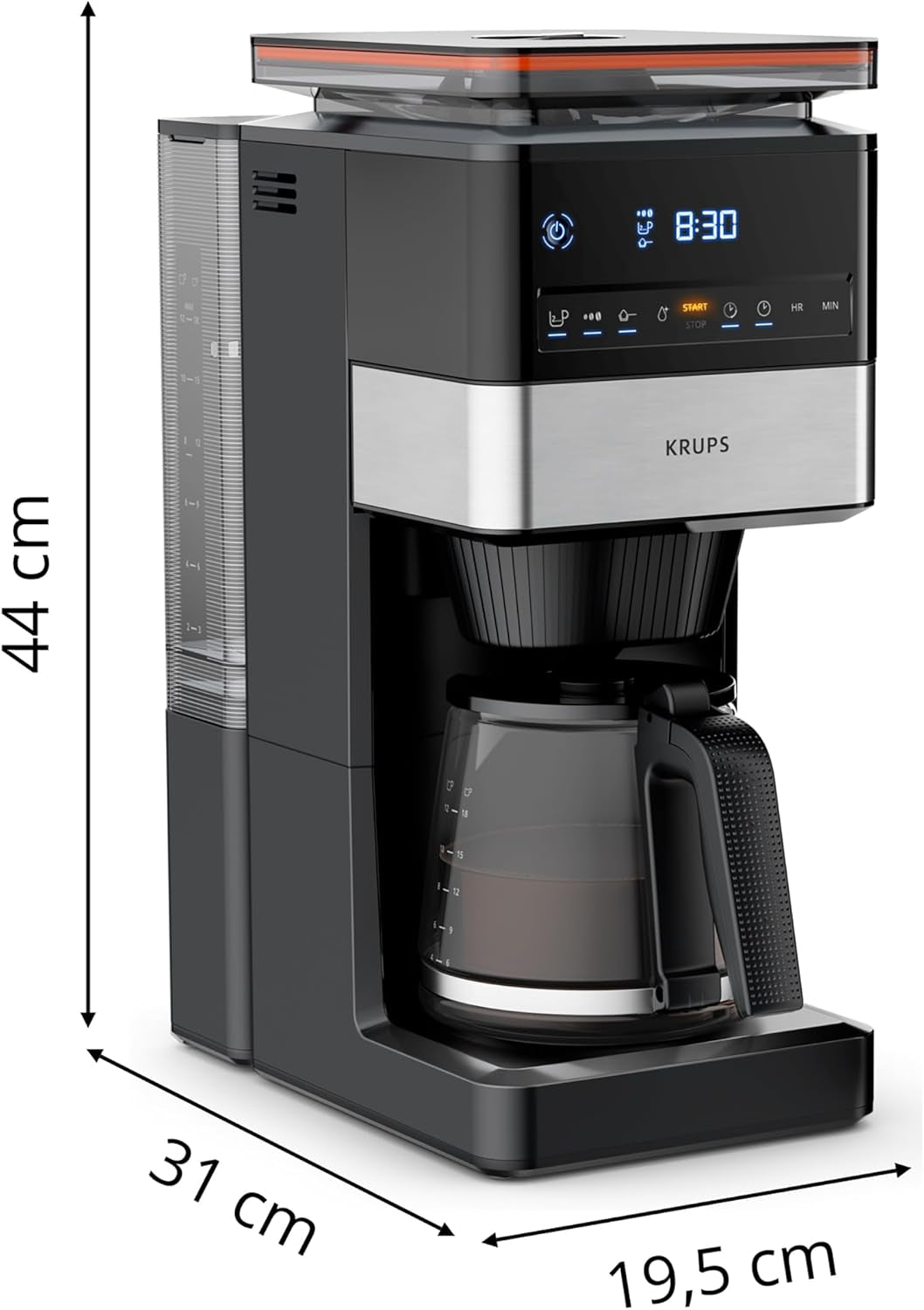 KRUPS Grind Aroma XL Cafetera espresso, Molinillo cónico desmontable, Panel de control digital, Capacidad XL (1,5 L), Función mantener caliente, Jarra de cristal, Negro/Acero inoxidable, KM842810