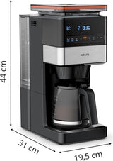 KRUPS Grind Aroma XL Cafetera espresso, Molinillo cónico desmontable, Panel de control digital, Capacidad XL (1,5 L), Función mantener caliente, Jarra de cristal, Negro/Acero inoxidable, KM842810