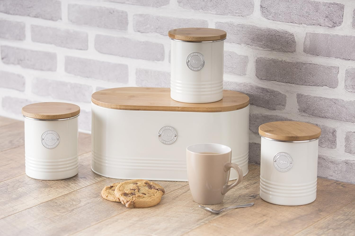 , Panera "Living" de acero inoxidable color crema, con tapa de bambú, crema Cajas para guardar alimentos Naty Shop