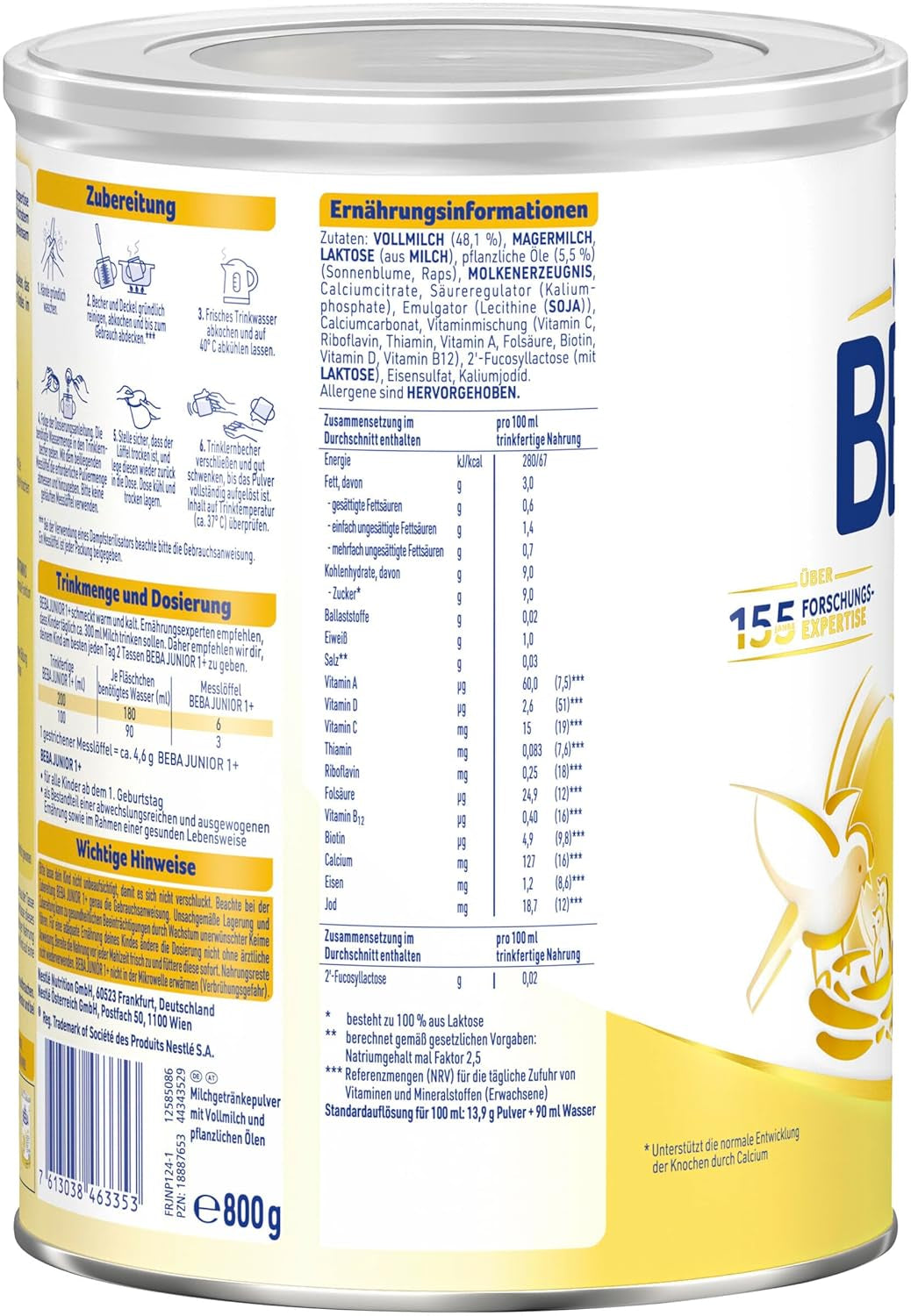 BEBA Junior 1+ bebida láctea a partir de 1 año, Con HMO, Contenido de proteínas apropiado para la edad, Solo lactosa, Sin aceite de palma, Sin aceite de pescado, Comida para niños pequeños, Leche en polvo para bebés, Paquete de 3 (3 x 800 g)