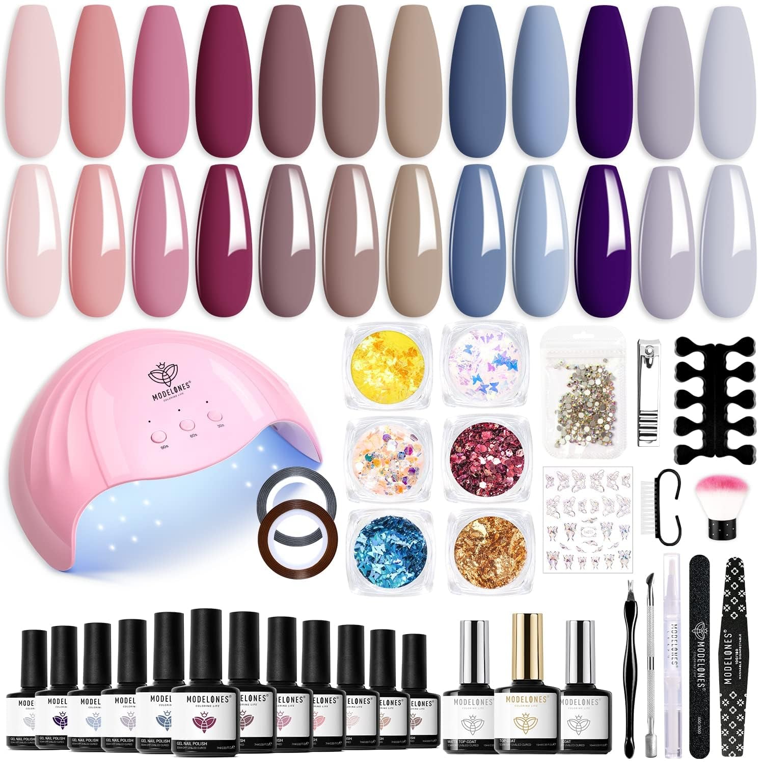 Modelones Juego de esmaltes de uñas de gel, 35 piezas, juego de esmaltes de uñas UV con lámpara de 48 W, juego de esmaltes de uñas de gel, color marrón, blanco y rosa, juego de esmaltes de uñas de gel UV con base de capa superior, juego de estudio de uñas