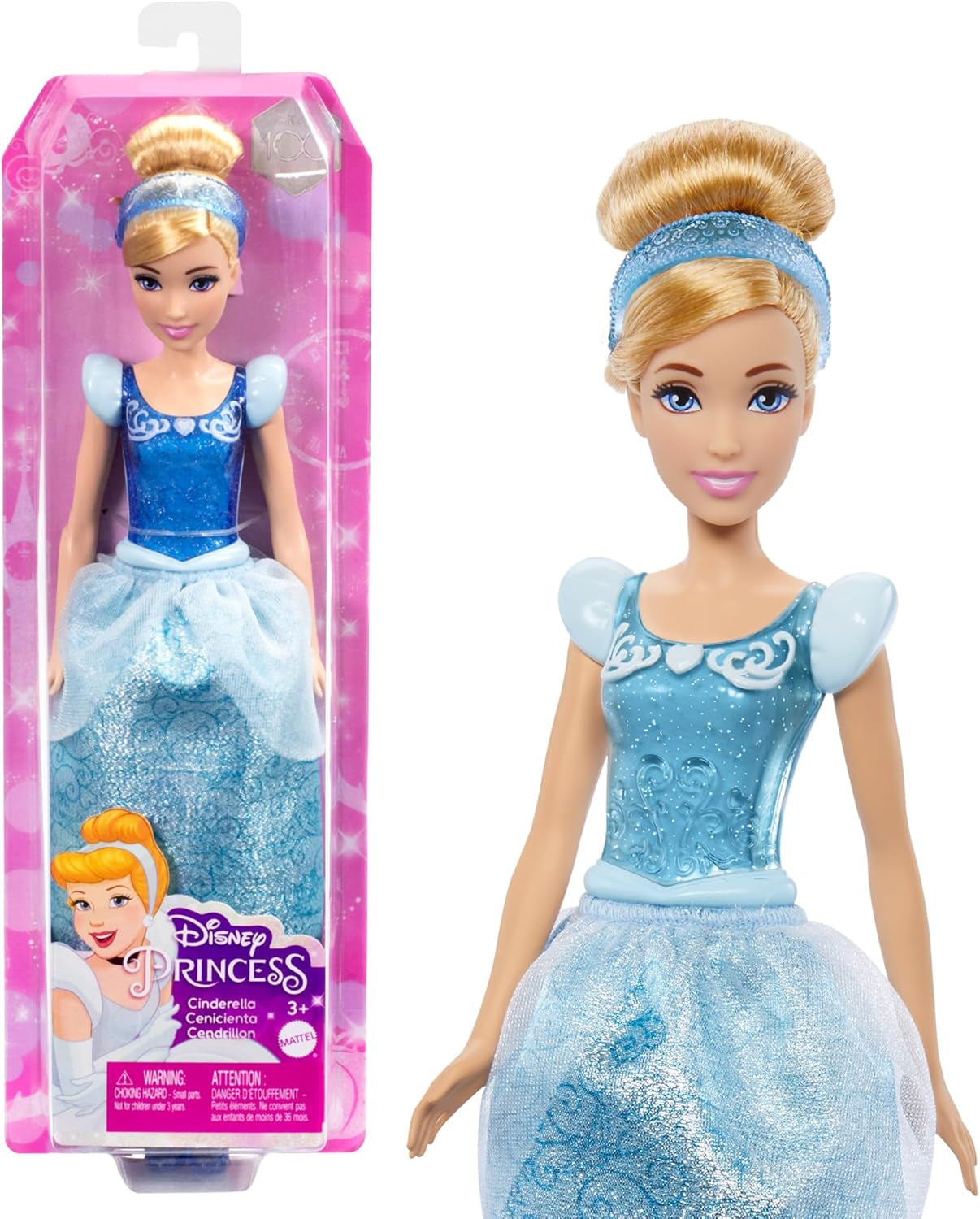 Mattel Princesa Cenicienta DISNEY - Muñeca móvil con disfraz brillante, zapatos y tiara desmontables, cabello peinable para divertirse en la peluquería, para niños a partir de 3 años, HLW06 Naty Shop Muñecas Cenicienta