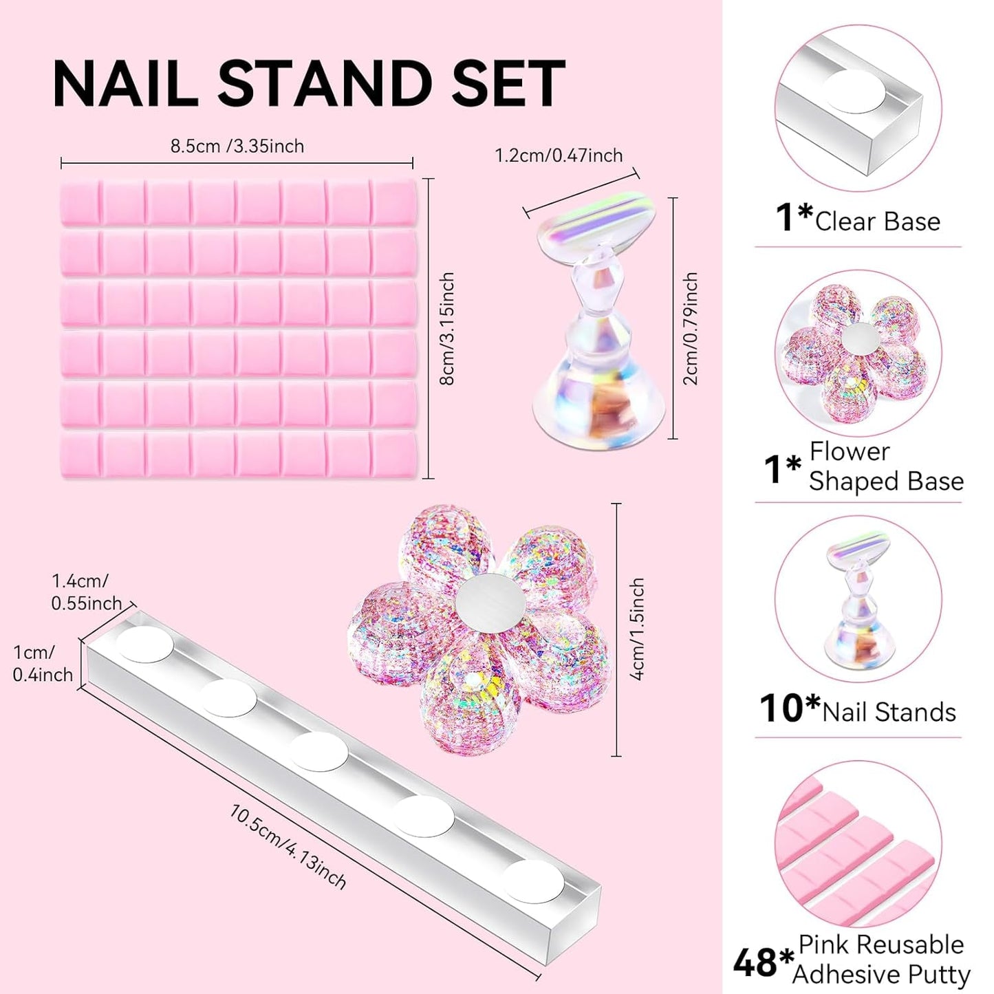 Makartt Soporte para uñas acrílico, soporte magnético para uñas, soporte para uñas, soporte para uñas transparente rosa con 48 masillas adhesivas