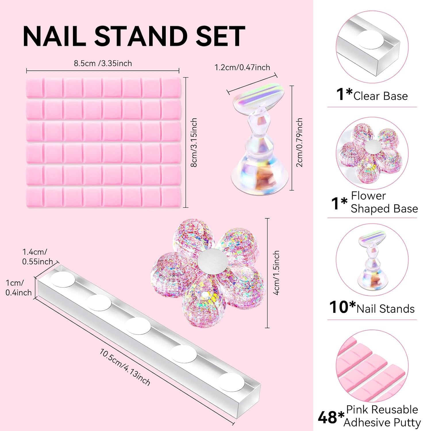 Makartt Soporte para uñas acrílico, soporte magnético para uñas, soporte para uñas, soporte para uñas transparente rosa con 48 masillas adhesivas