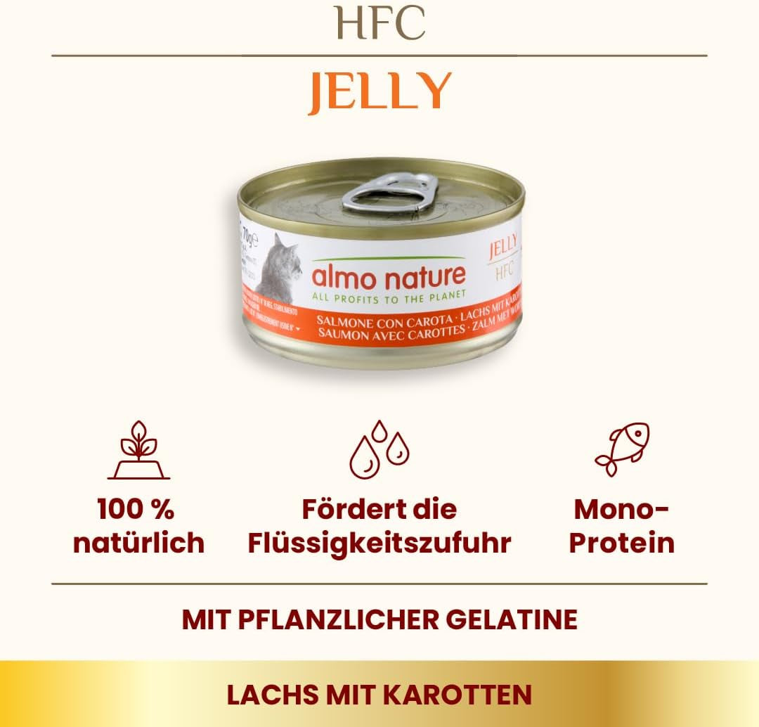 Almo Nature HFC Jelly - Comida húmeda para gatos adultos - Salmón y Zanahoria - Calidad humana, Sin gluten - 6 x 70g