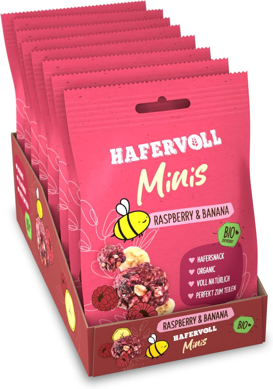 HAFERVOLL Minis Colza y Plátano 8x 65g - Certificado orgánico, con miel, sin azúcar añadido, perfecto para compartir