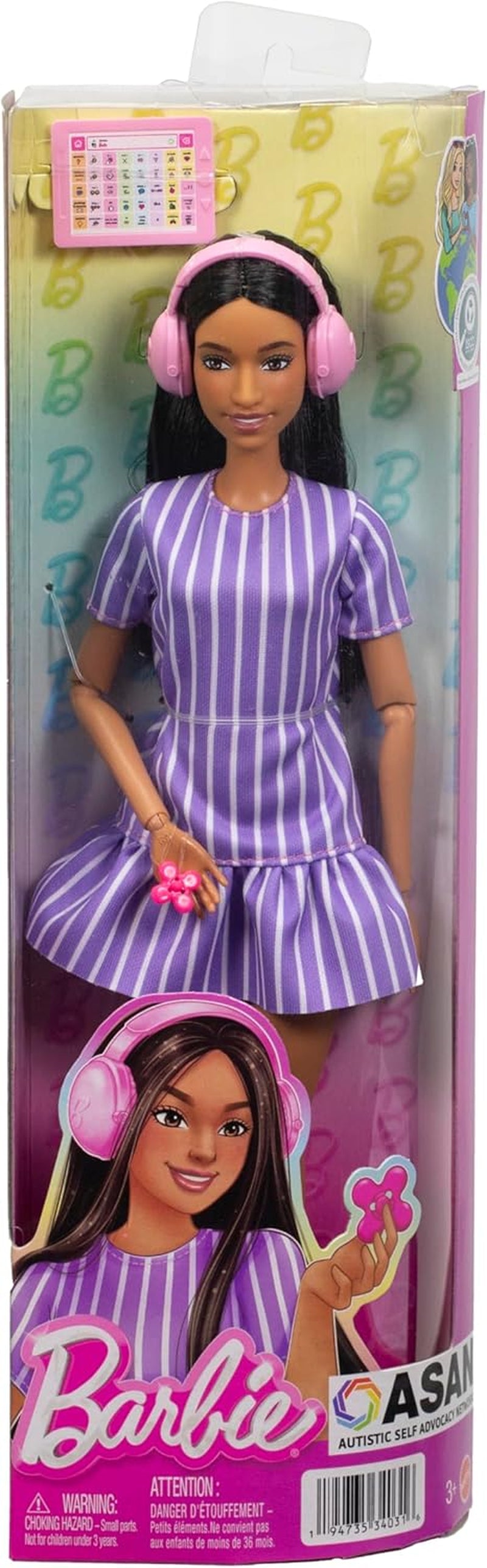 Muñeca Barbie Fashionistas núm. 245, muñeca autista con vestido de rayas moradas y accesorios como fidget spinner, tableta y auriculares, JJN58