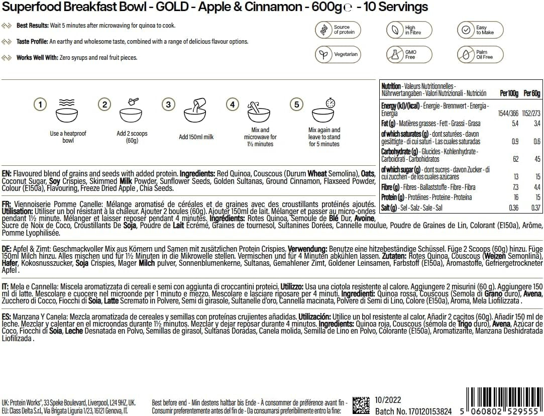 Funciona con proteínas | Superfood Breakfast - GOLD Innovation, Cereal galardonado, Muesli proteico, rico en nutrientes con cereales, semillas y avena, alto en fibra, manzana y canela, 10 porciones, 600 g