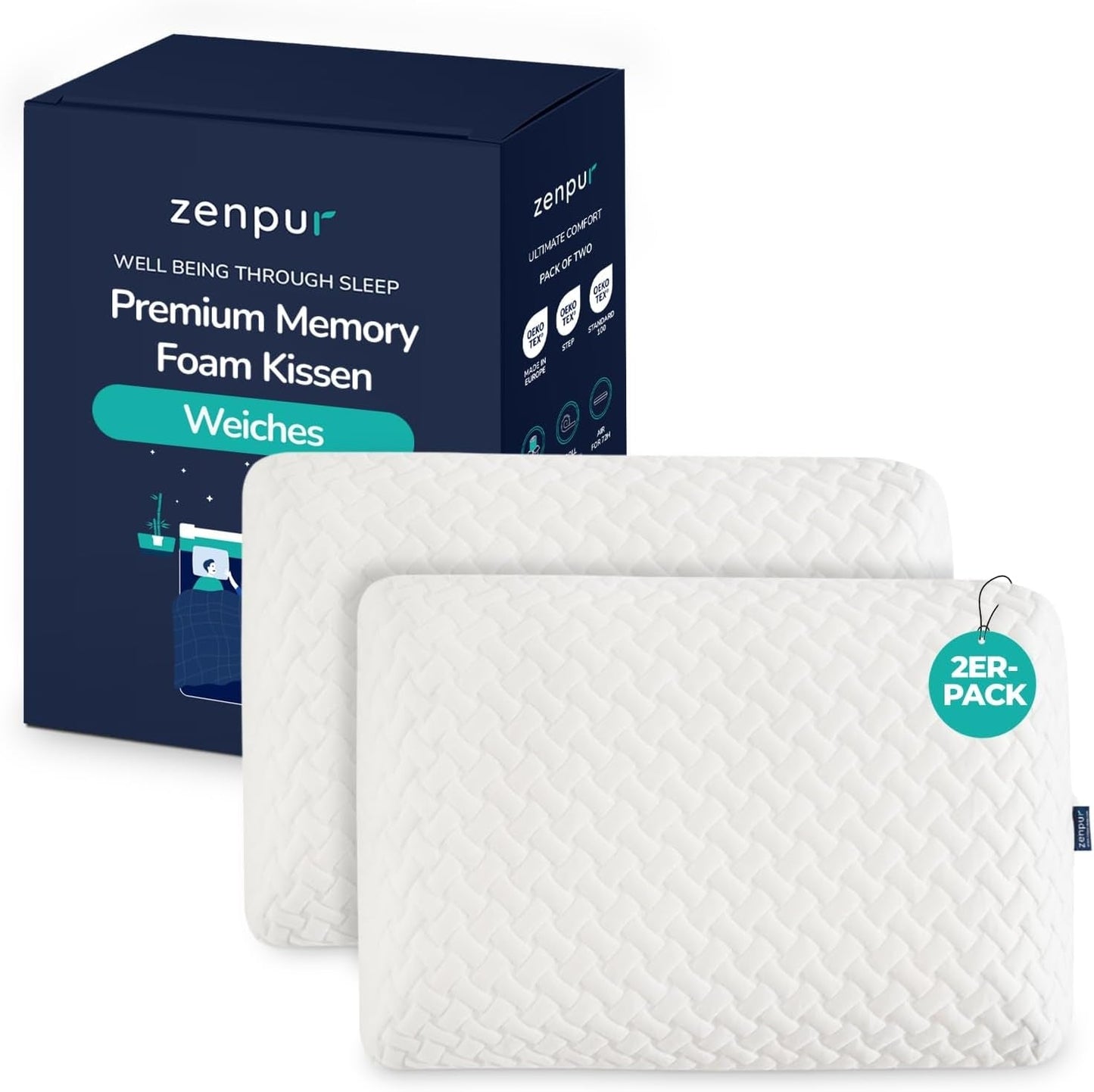 ZenPur Almohada ortopédica para el cuello 40x60-13cm, Almohada viscoelástica para la cabeza - Almohada ergonómica para dormir para cuello y hombros, certificado Oeko-TEX