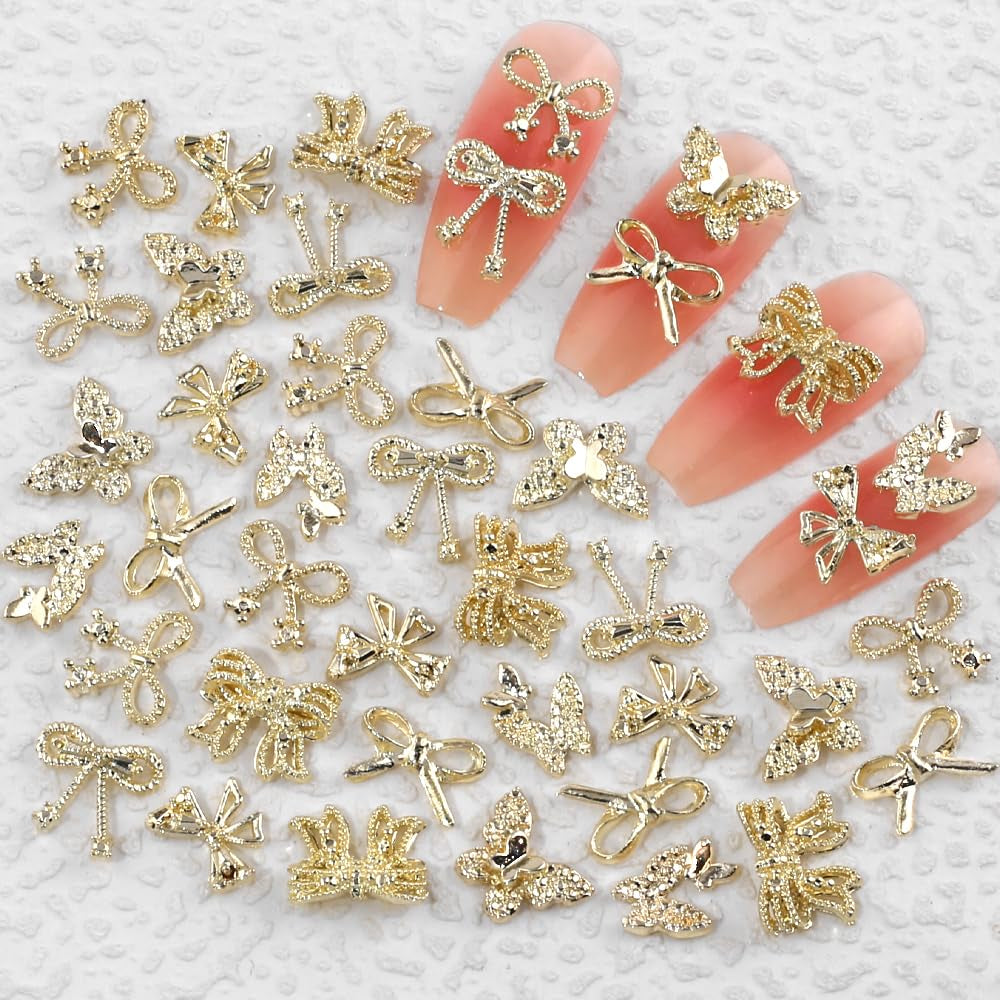 50Stück 3D Lazo Dorado Nail Charms Mariposa Nail Art Charms Legierung Bogen Nagel Charms Nägel Zubehör Schleife Nagelschmuck Metall Schleifen Schmetterling Nageldesign Nagelanhänger Nailart Strasssteine