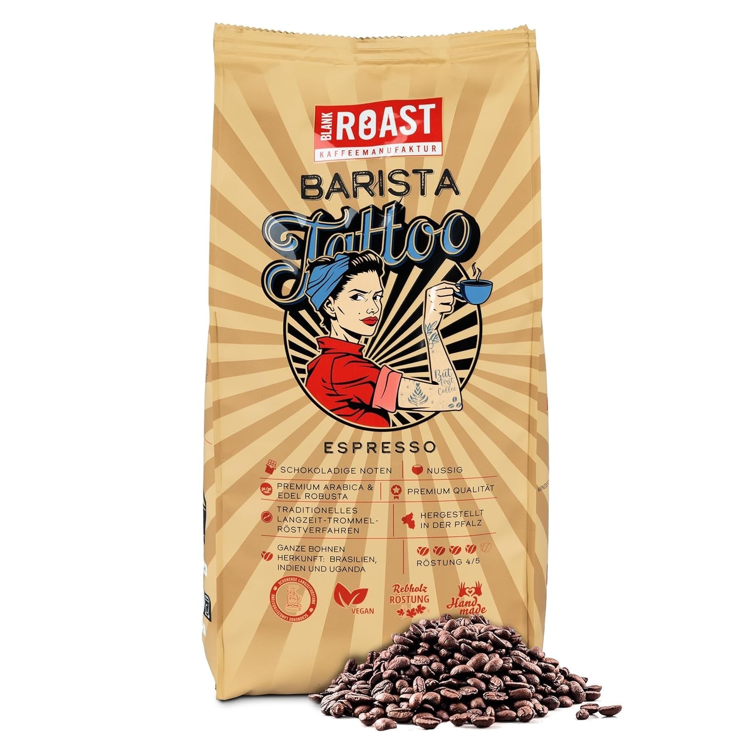 ASADO EN BLANCO - Barista Tattoo Espresso - 1000g - im Langzeit Trommel-Röstverfahren geröstet - Bohnen aus den besten Anbaugebieten - Premium Arábica y Edel Robusta - schokoladig & nussig - säurearm