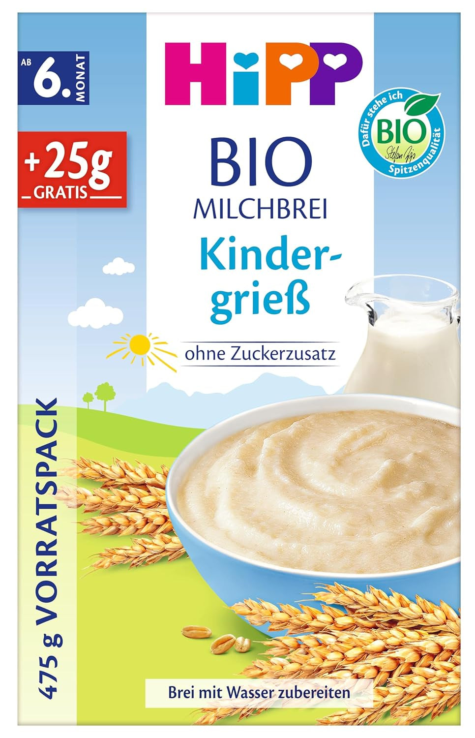 Gachas de leche ecológicas HiPP para bebés (4 x 475 g), a partir de 6 meses, sin azúcares añadidos, respetuosas con el estómago del bebé, la mejor calidad ecológica