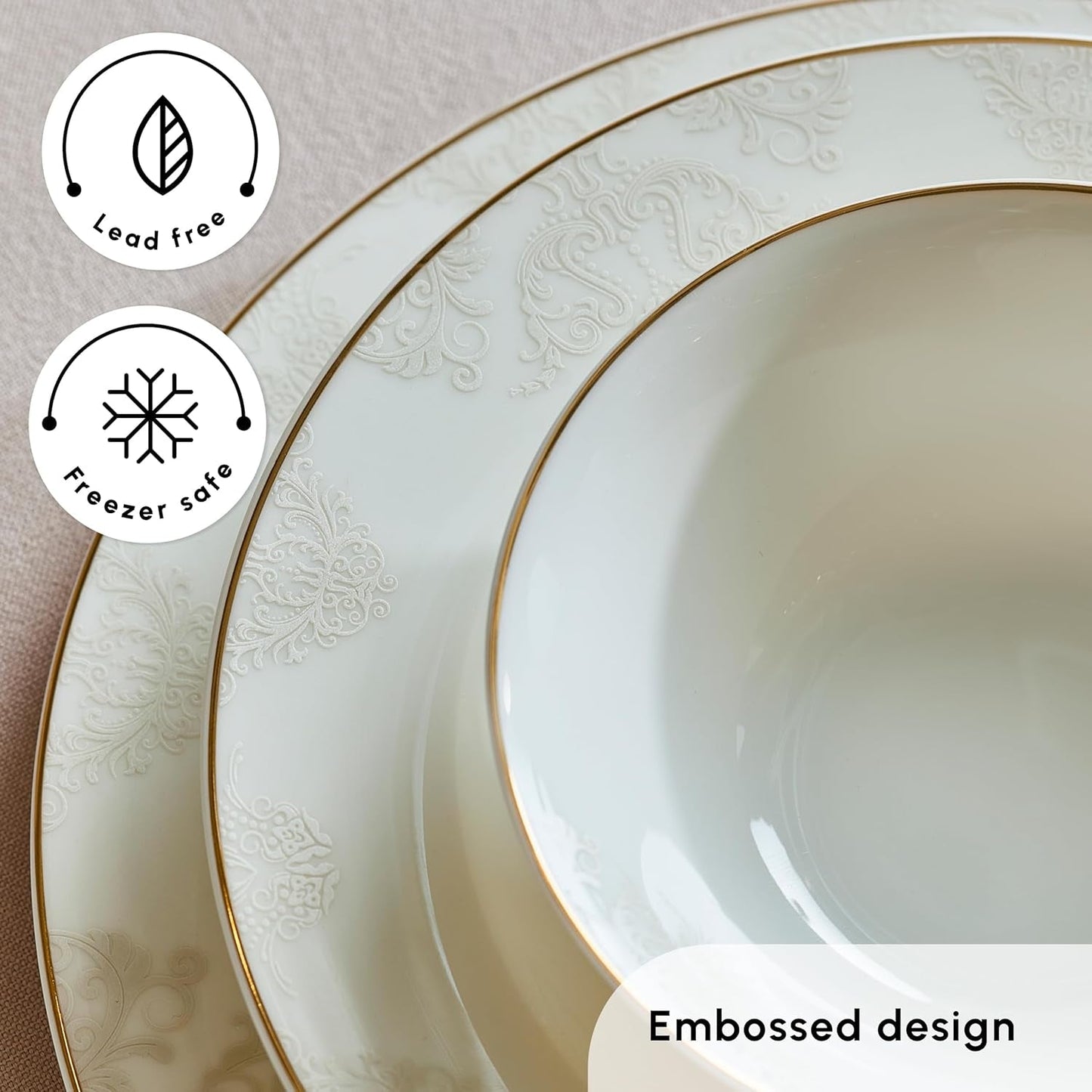 Karaca Elegance Bone Siena Vajilla para 12, Vajilla Moderna de Porcelana, Vajilla con Tazones de Sopa, Fuente para Servir, Platos Hondos, Platos de Postre - Blanco y Dorado