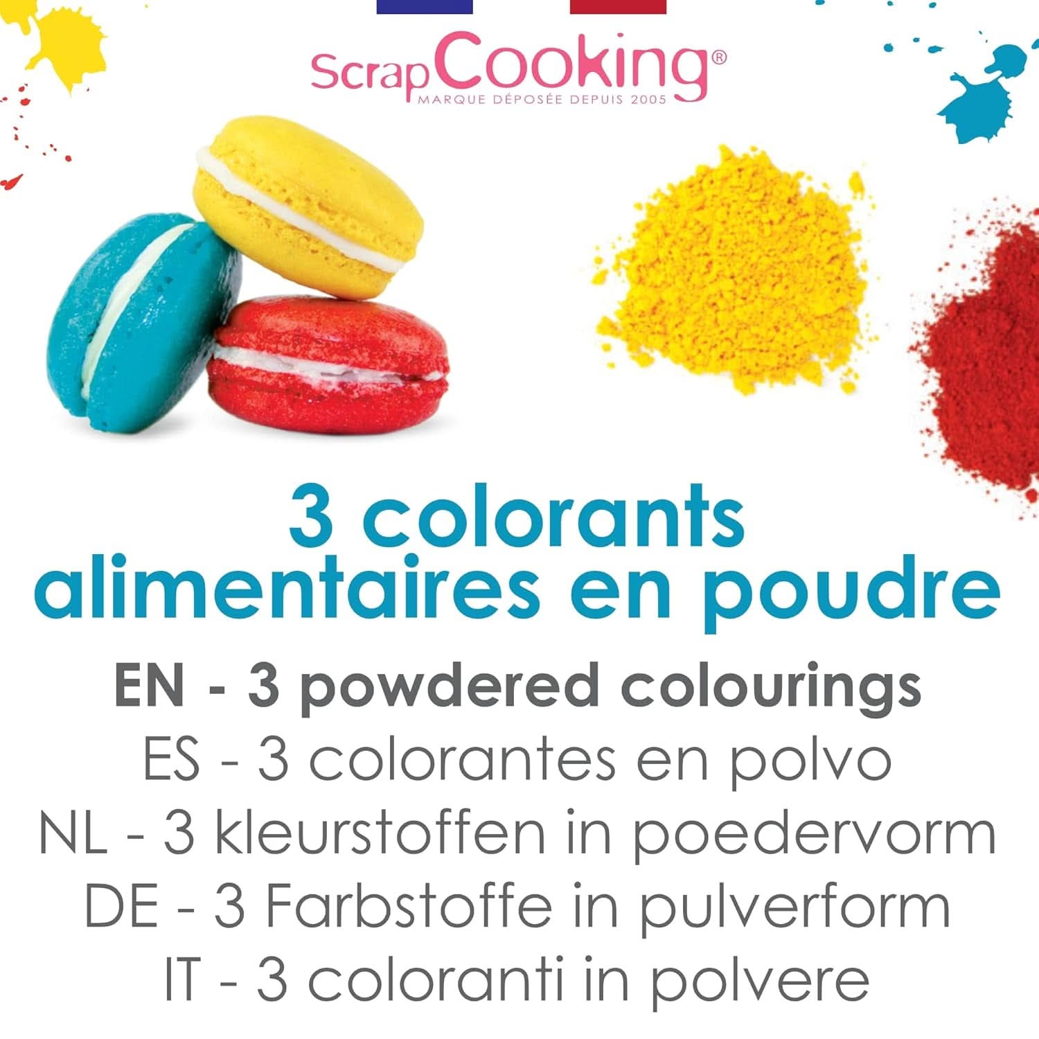 ScrapCooking, Set de 3 colorantes alimentarios en polvo: rojo, amarillo, azul, 3 x 5 gramos Naty Shop