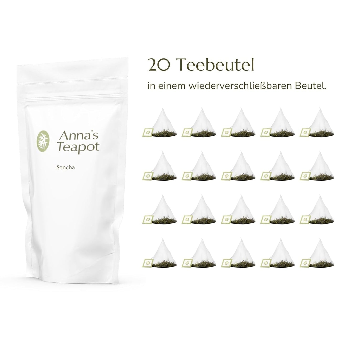 Anna'S Teapot Sencha Bolsitas de té verde orgánico - Té verde japonés orgánico 20 bolsitas piramidales en una bolsa resellable
