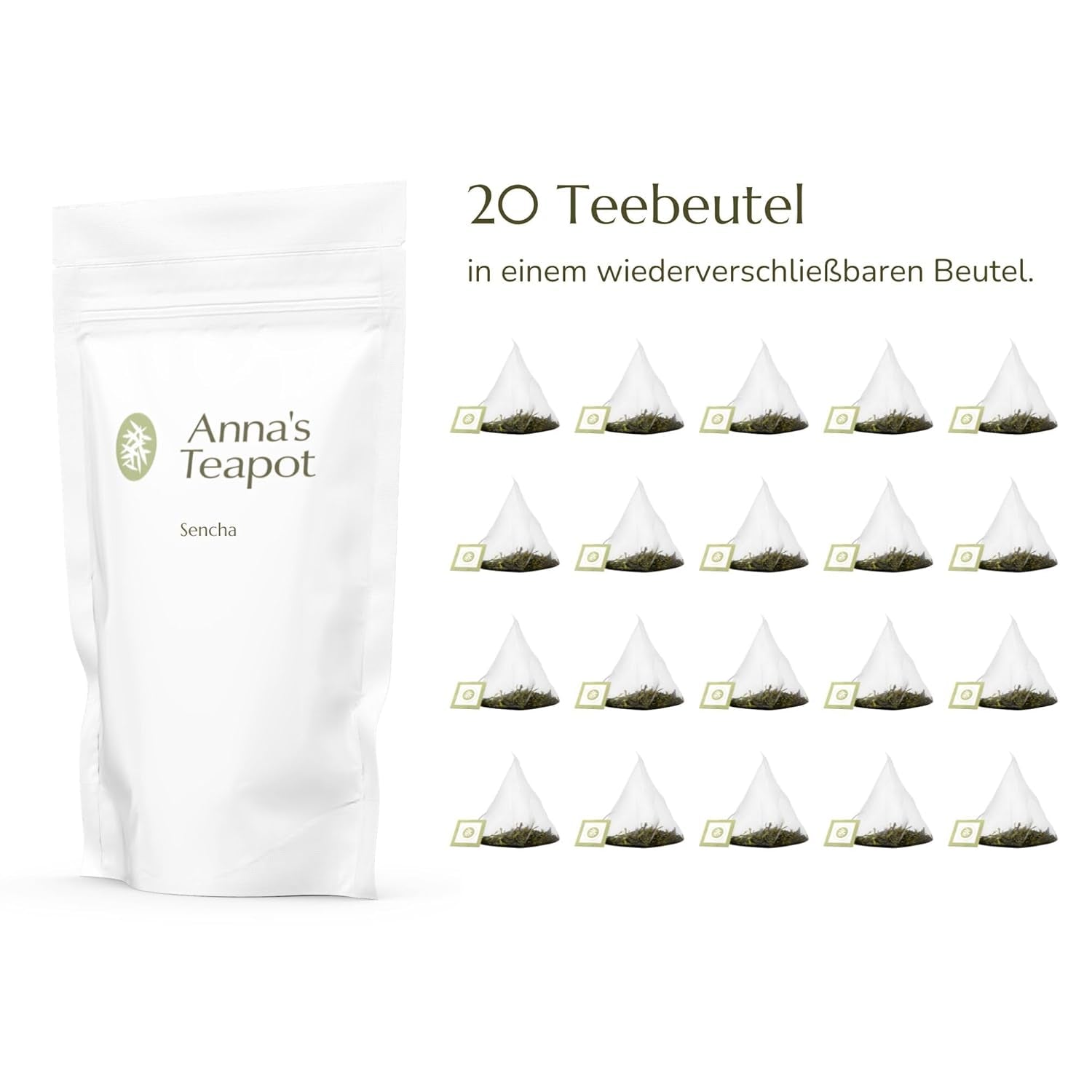 Anna'S Teapot Sencha Bolsitas de té verde orgánico - Té verde japonés orgánico 20 bolsitas piramidales en una bolsa resellable