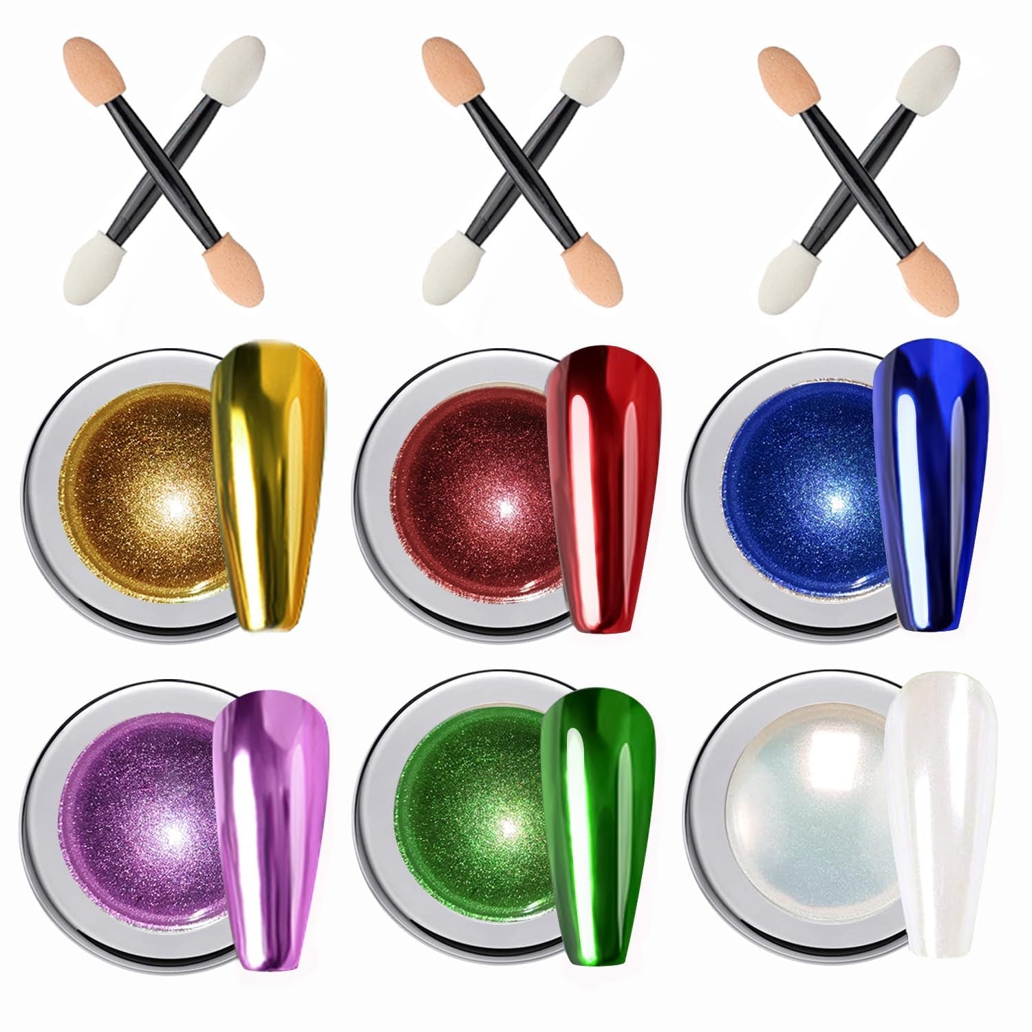 Wahrshei 6 Chrome Nail Powder, Chrome Pulver Nägel Mit Spiegeleffekt, Laser Chrome Puder, Polvo efecto perla para uñas esmaltadas en forma de donut