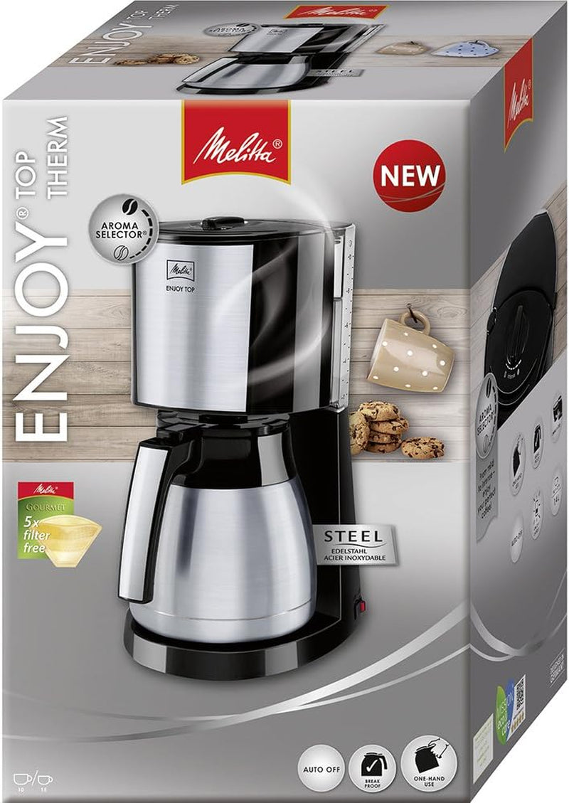 Melitta Enjoy Top Therm - Cafetera espresso con filtro y jarra térmica en acero inoxidable, para hasta 10 tazas de café, negro/acero inoxidable
