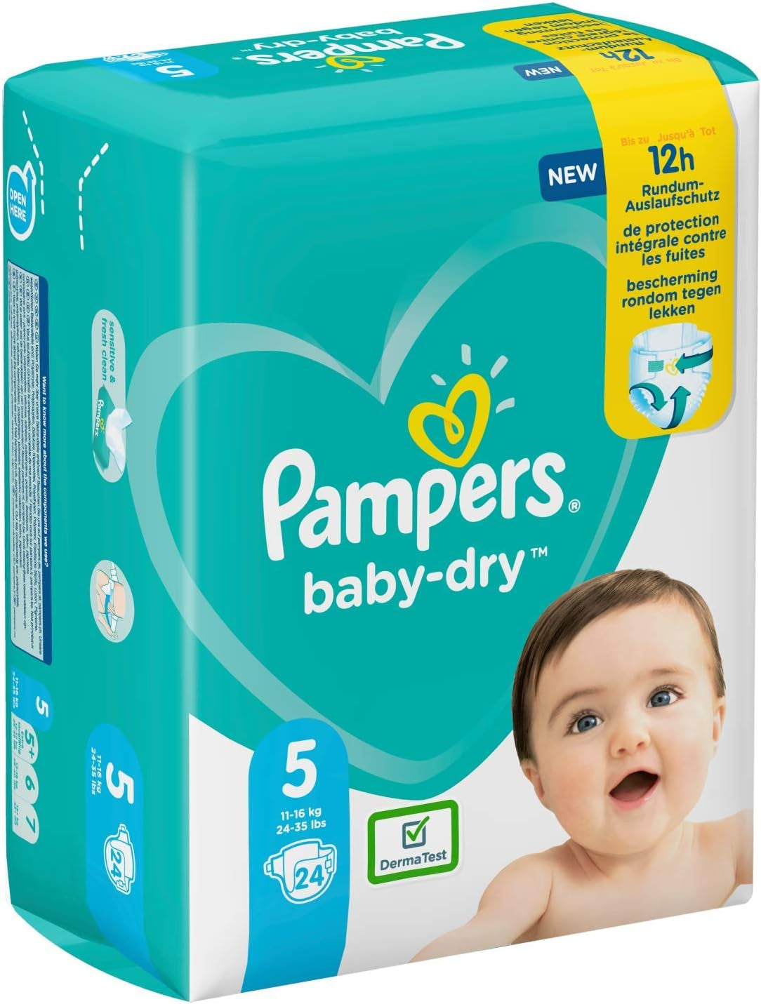 Pañales Pampers para bebés talla 5 (11-16 kg), 24 piezas, hasta 12 horas de protección contra fugas
