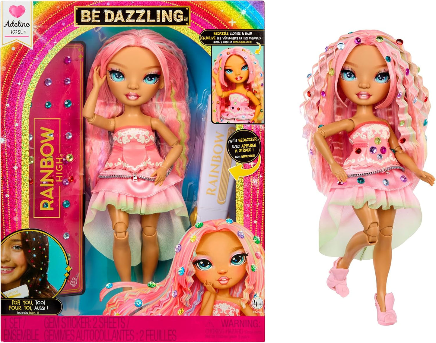 Rainbow High Be Dazzling - Adeline Rose - Muñeca de moda rosa de 28 cm con herramienta de decoración, piedras preciosas brillantes y accesorios de peinado