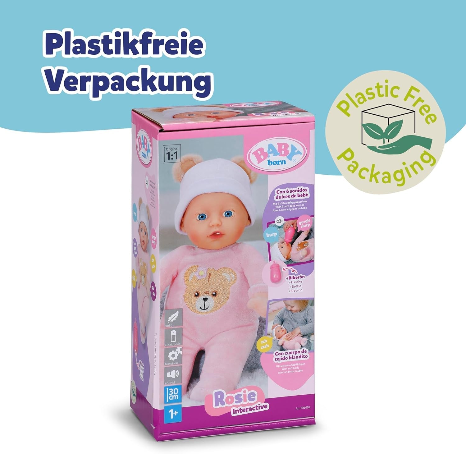 Baby Born Rosie muñeca blanda 30 cm con 6 sonidos y biberón, rosa