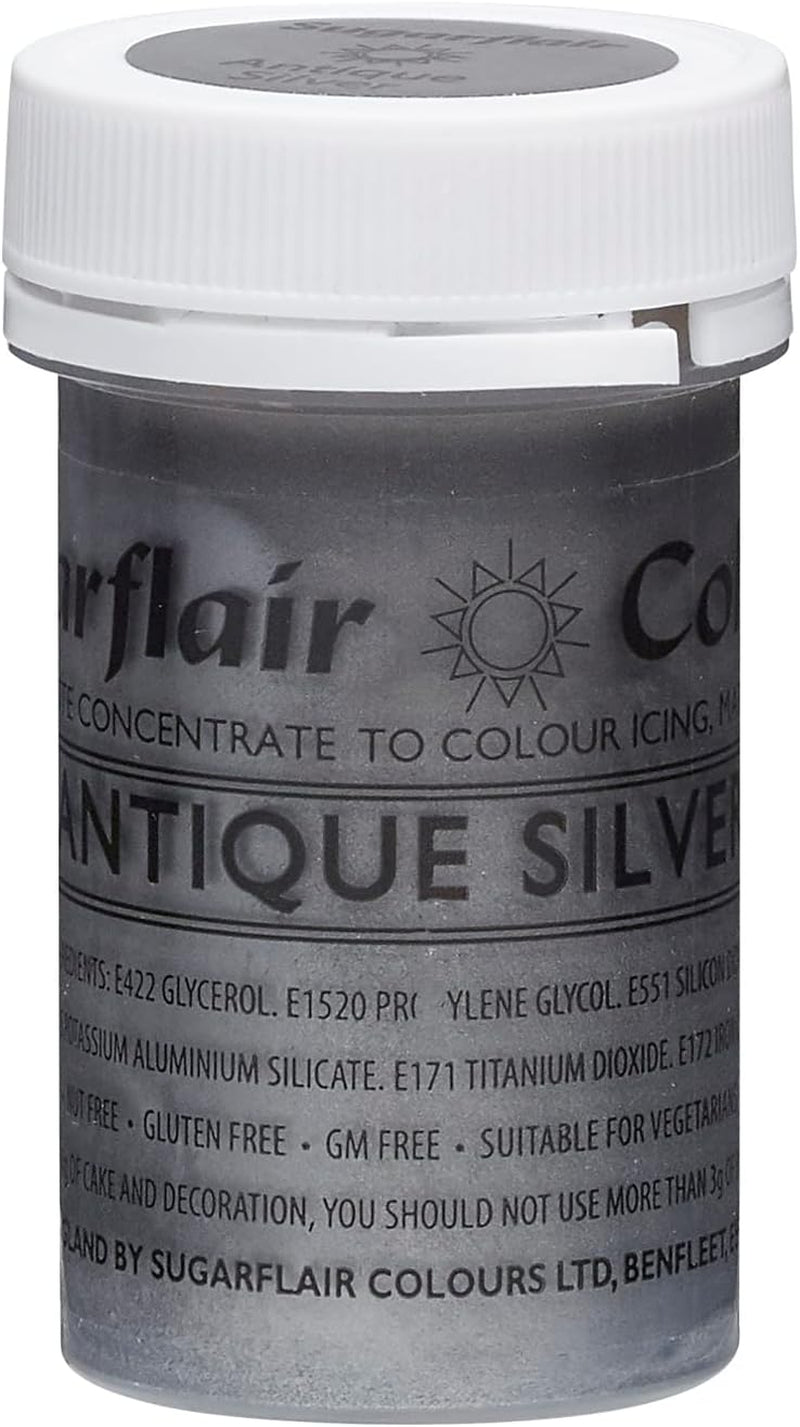 Colorante alimentario para pasta Sugarflair, plata satinada, colorante alimentario para pasta, altamente concentrado, para fondant, mazapán, pasta de azúcar, crema de mantequilla, mezcla para pasteles - Colorante para pasta satinada - 25 g