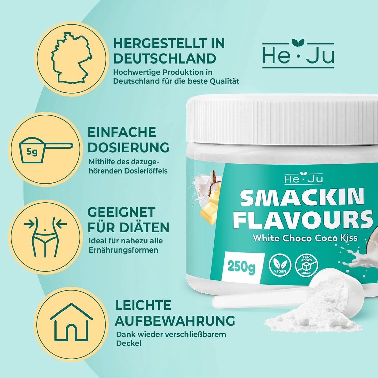 He-Ju, Polvo con sabor a chocolate blanco y coco, 250 gramos Tienda Aromas Naty