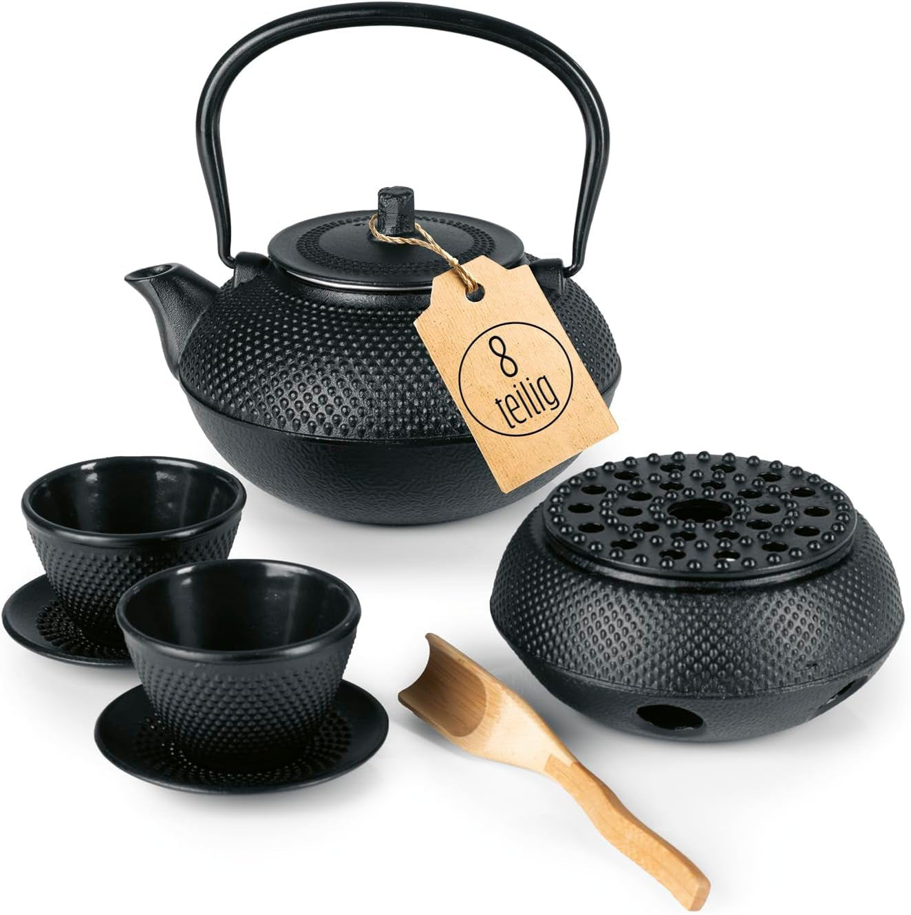 Juego de té Lumaland de 8 piezas | Tetera de hierro fundido Tetsubin de 1,4 litros | Calentador de hierro fundido | 2 tazas de té y 2 platillos | Juego de té japonés que incluye cuchara medidora de bambú e infusor de acero inoxidable.