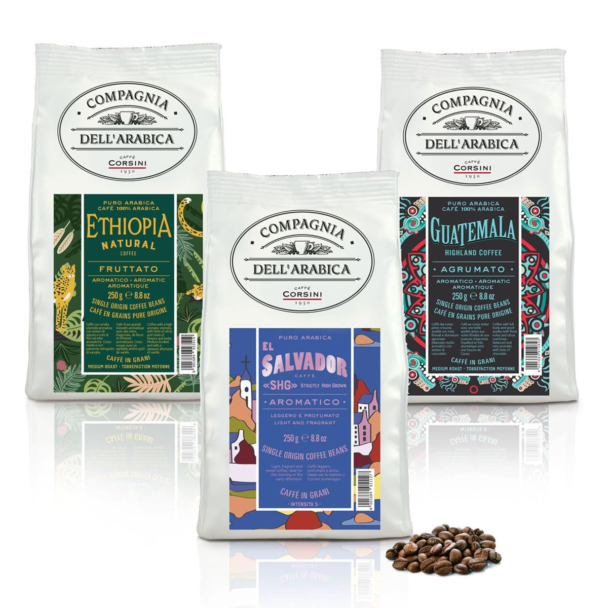 Caffè Corsini - Kaffeebohnen 3x250g Compagnia Dell'Arabica Set Guatemala/Äthiopien/El Salvador, Einzelner Ursprung, total 750g