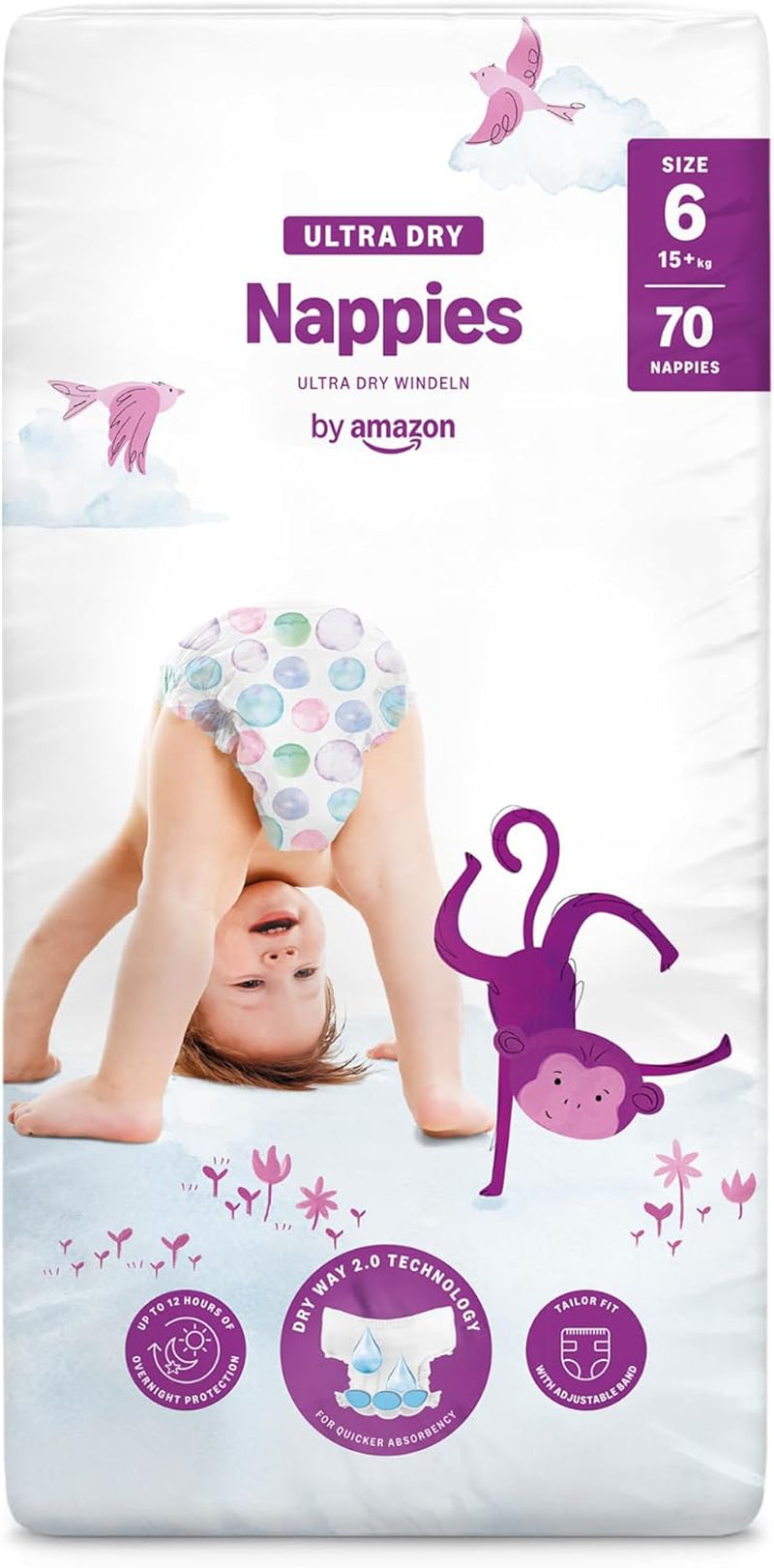 Pañales Amazon Ultra Dry, tamaño 1 (2-5 kg) - Caja mensual, blanco, 96 unidades (2 paquetes de 48) (anteriormente marca Mama Bear, producto idéntico)