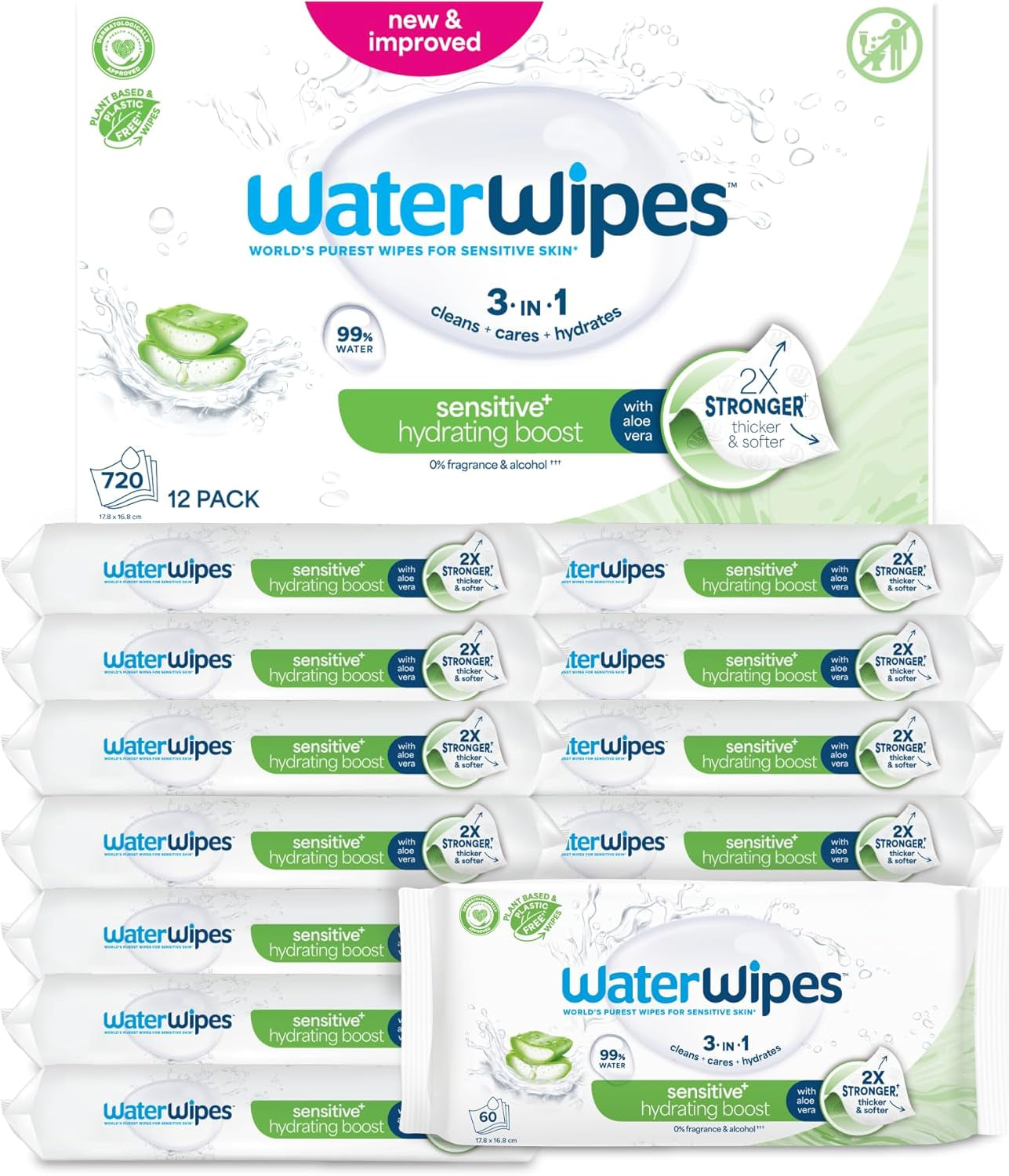 Toallitas húmedas WaterWipes Sensitive+ Hydrating Boost, toallitas hidratantes, 720 unidades (paquete de 12), 3 en 1 limpieza, cuidado, hidratación, 99% agua de aloe vera, toallitas para bebés sin perfume