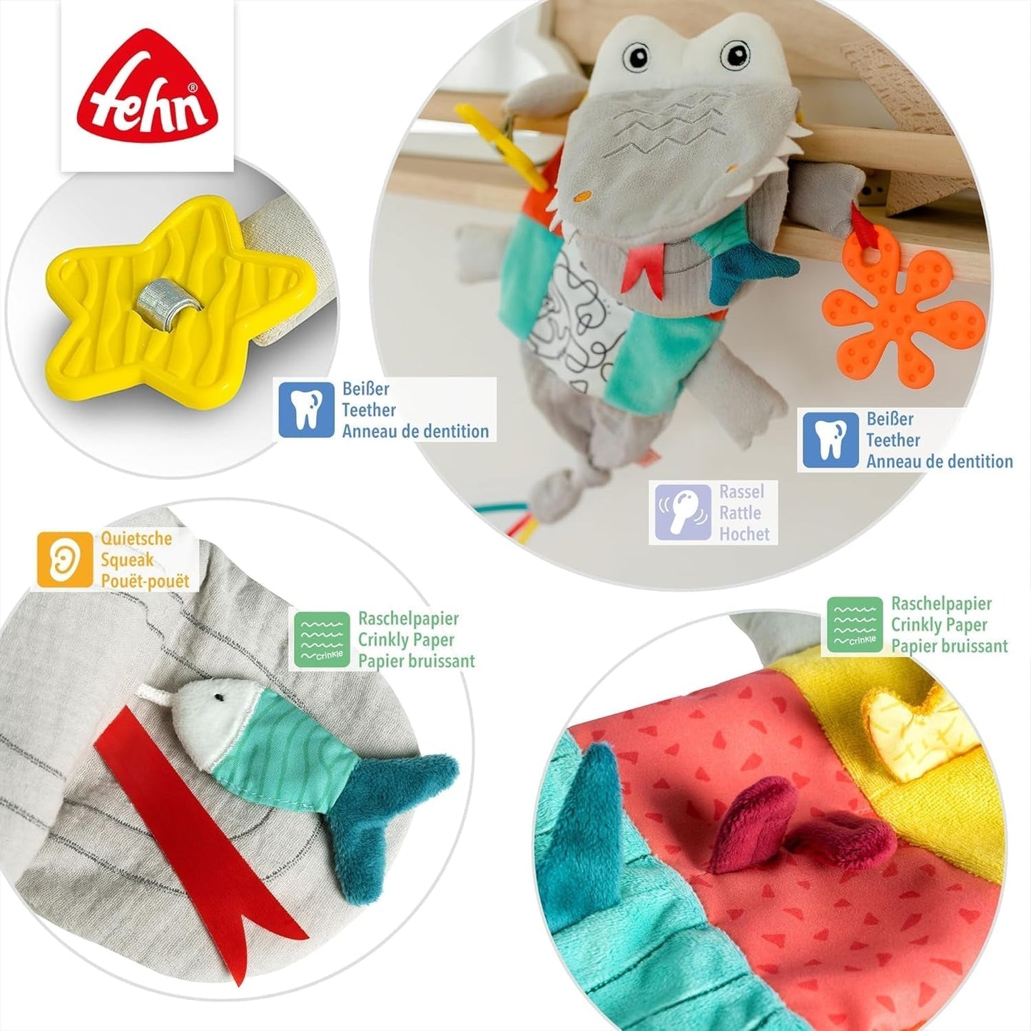 Fehn Marioneta de mano para bebé Cocodrilo - Peluche con sonajero, papel crujiente, mordedor y chirriador - Marioneta de mano para bebé - Juguete que hace estallar para bebés y niños pequeños a partir de 6 meses Juguetes para bebés Naty Shop