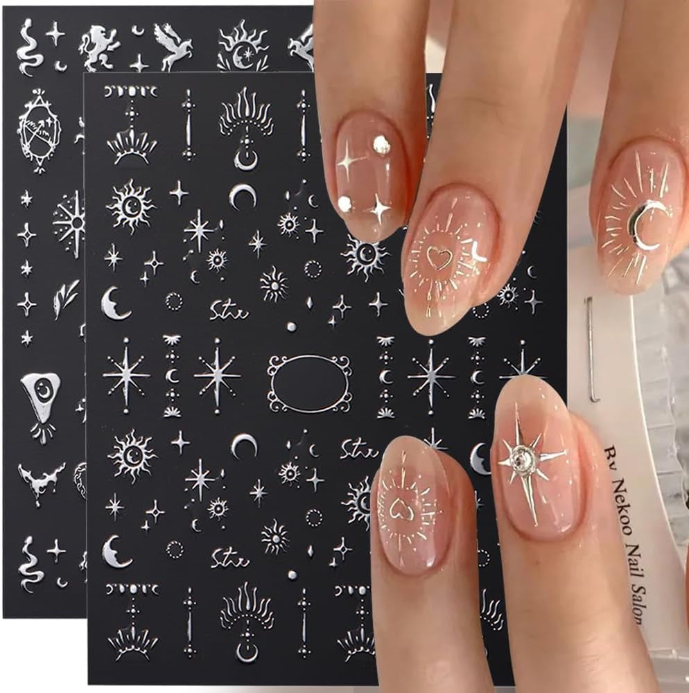 Pegatinas de uñas metálicas plateadas 3D, pegatinas de uñas para mujeres, estrella, luna, sol, láminas para uñas, pegatinas autoadhesivas, pegatinas de uñas de mariposa, pegatinas de uñas, accesorios de diseño de uñas, 8 piezas