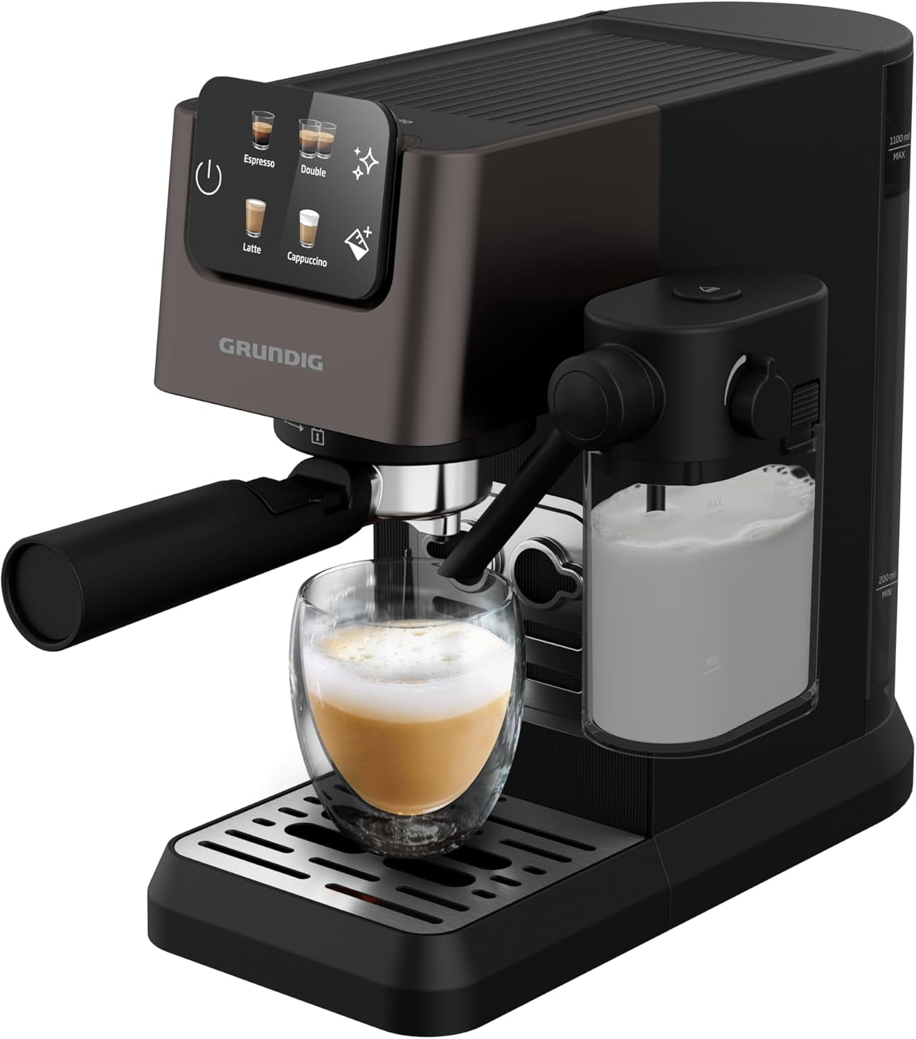 Cafetera espresso con portafiltro GRUNDIG KSM 5330 con depósito de leche integrado, potencia 1628 W, presión de bomba 15 bar, doble boquilla, pantalla táctil a color, BrewSense, CreamyPro, Acero inoxidable oscuro/Negro
