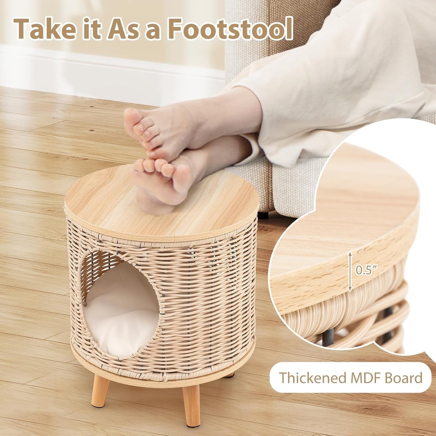 Katzenhaus Rattan, Katzenmöbel mit Holzbeinen & soft Kissen, 3 en 1 Katzenhöhle Fußhocker Nachttisch, Katzenbett stabil bis 30 kg für Wohnzimmer Schlafzimmer