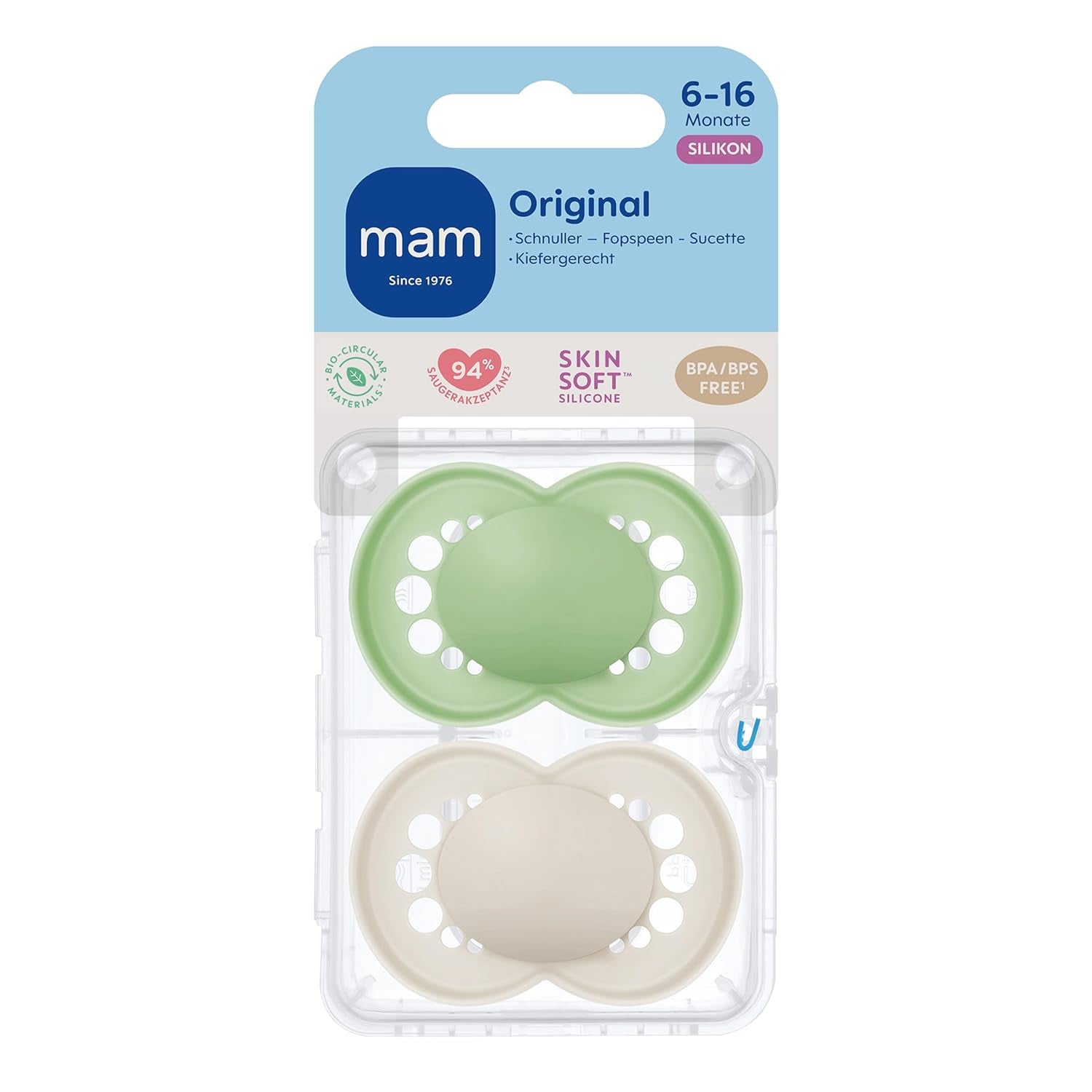 MAM Chupetes Originales, Pack de 2, Chupetes respetuosos con los dientes, fabricados con materiales sostenibles y bioregenerables, Tetinas de silicona MAM SkinSoft, con caja para chupete, 6-16 meses, Verde/Beige