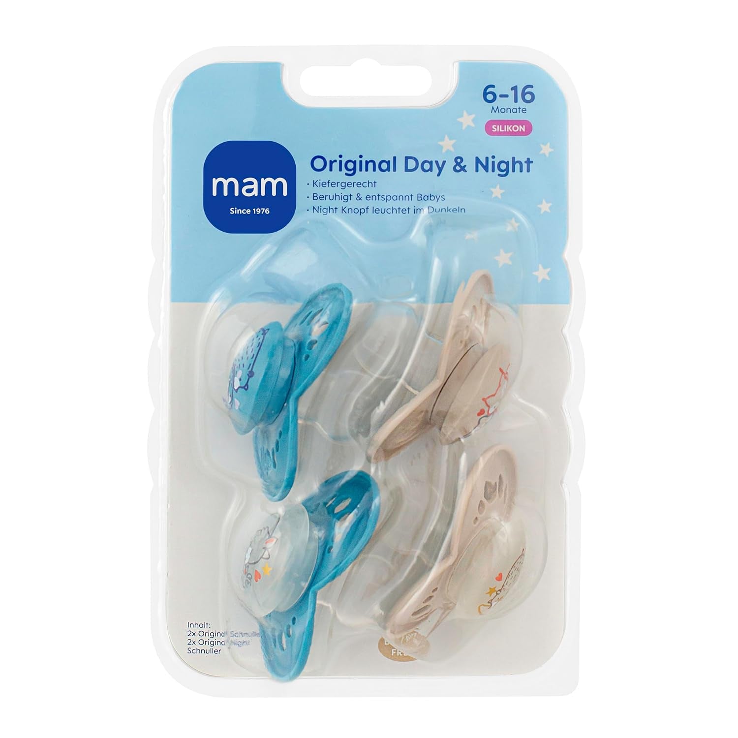 Chupetes MAM Original Día y Noche Mate | 6-16 meses | Conjunto de chupete | Aceptación 94% | Ayuda a prevenir la alineación no deseada de los dientes | Desarrollado junto con dentistas | Piel de silicona suave | Oso/Zorro | Paquete de 4