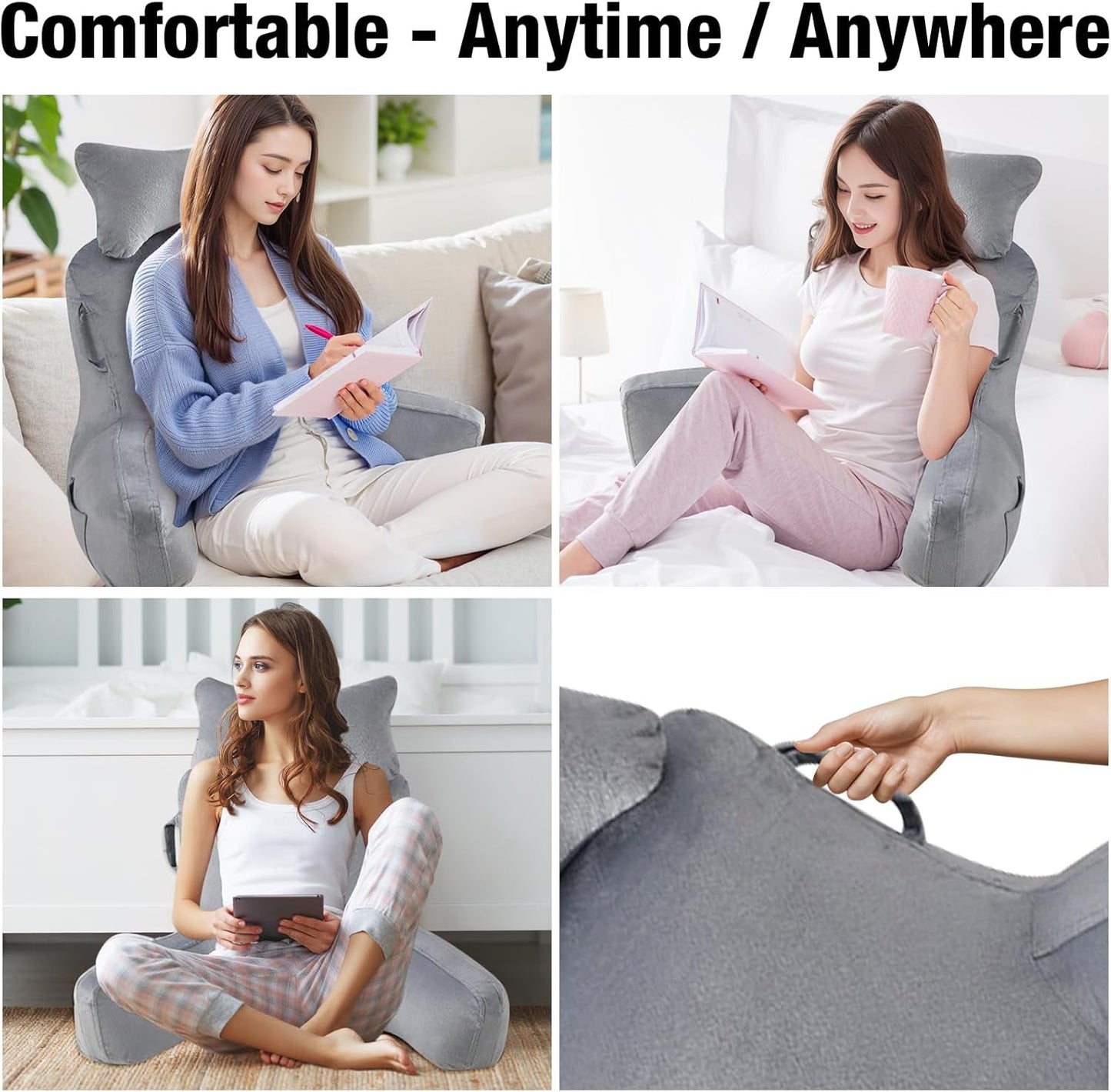 Almohada de lectura para adultos en la cama, respaldo extra grande de 90 x 80 cm (ancho x alto) para leer con soporte para el cuello desmontable y brazo de apoyo, cómoda almohada de lectura para cama, sofá o respaldo en el suelo