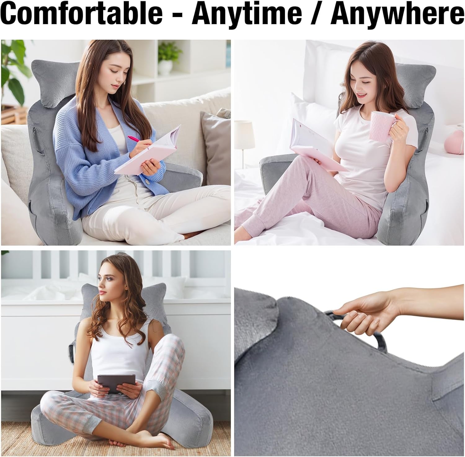 Almohada de lectura para adultos en la cama, respaldo extra grande de 90 x 80 cm (ancho x alto) para leer con soporte para el cuello desmontable y brazo de apoyo, cómoda almohada de lectura para cama, sofá o respaldo en el suelo