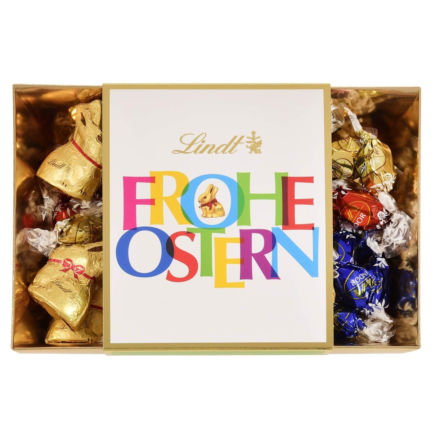 Nido de Pascua colorido de chocolate Lindt | 310 gramos | 8 x mini conejitos dorados, 26 x huevos de chocolate con leche Lindor, 15 x huevos de chocolate blanco Lindor, 10 x huevos de chocolate amargo Lindor | Chocolate de Pascua | Regalo de chocolate