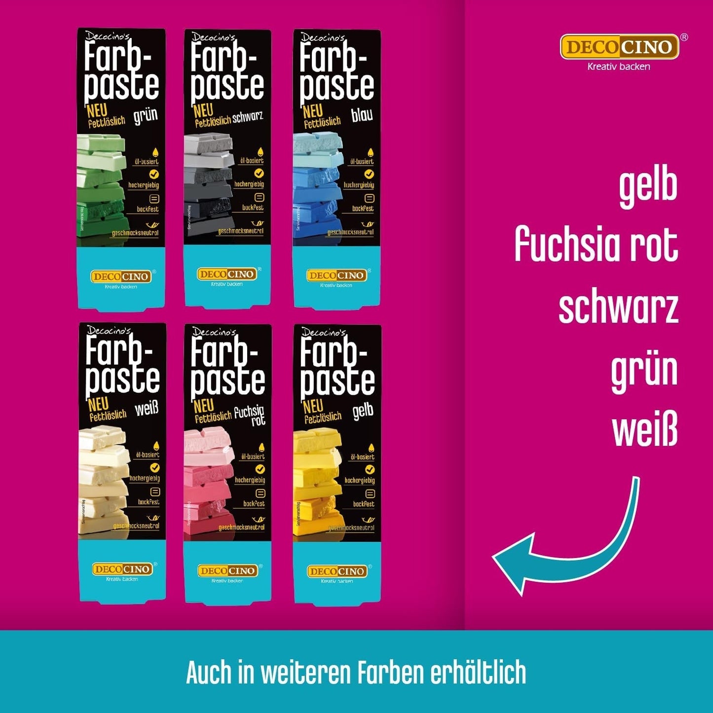 Decocino Pasta colorante liposoluble Set de 6 - 6 x 15 g - Colorante alimentario en rojo, blanco, verde, amarillo, azul y negro, ideal para colorear tartas, fondant y cremas - Sin azoicos ni gluten