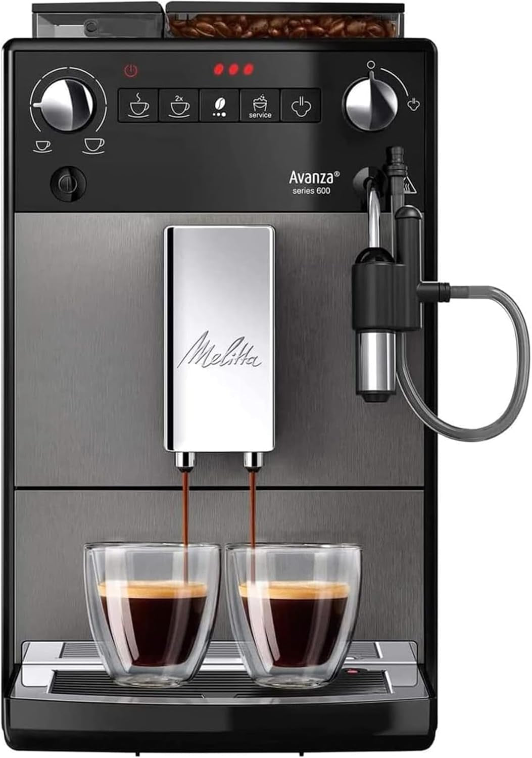 Melitta Avanza - Cafetera espresso totalmente automática con sistema de leche, cafetera espresso con molinillo y depósito de agua extra grande (1,5 l) para, por ejemplo, café. capuchino o espresso, titán místico