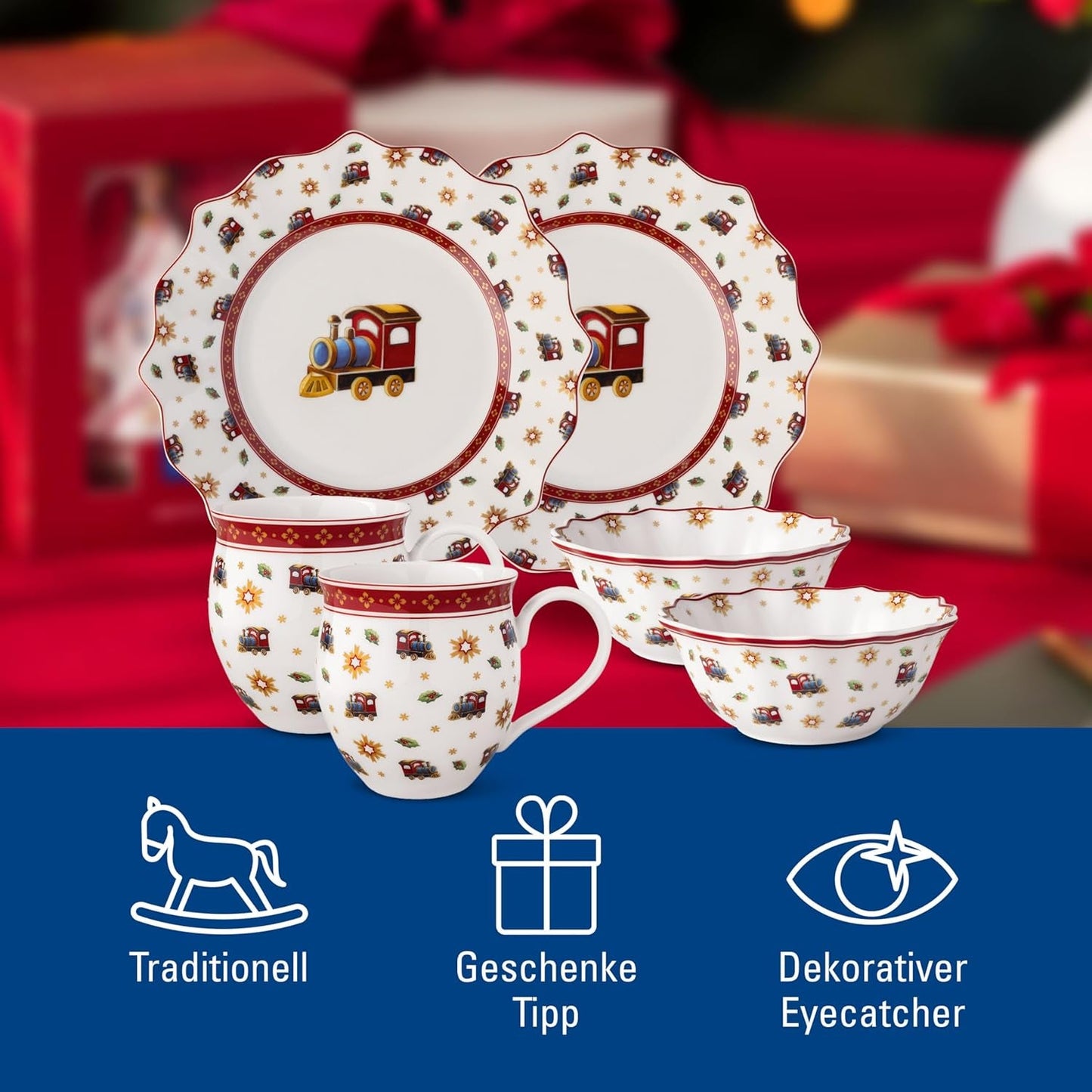 Villeroy & Boch - Toy's Delight Set de Desayuno para 2, Diseño de Locomotora, 6 Piezas, Colorido, navideño, vajilla con Platos, Tazas y Cuencos para el Desayuno, vajilla navideña, Porcelana Premium
