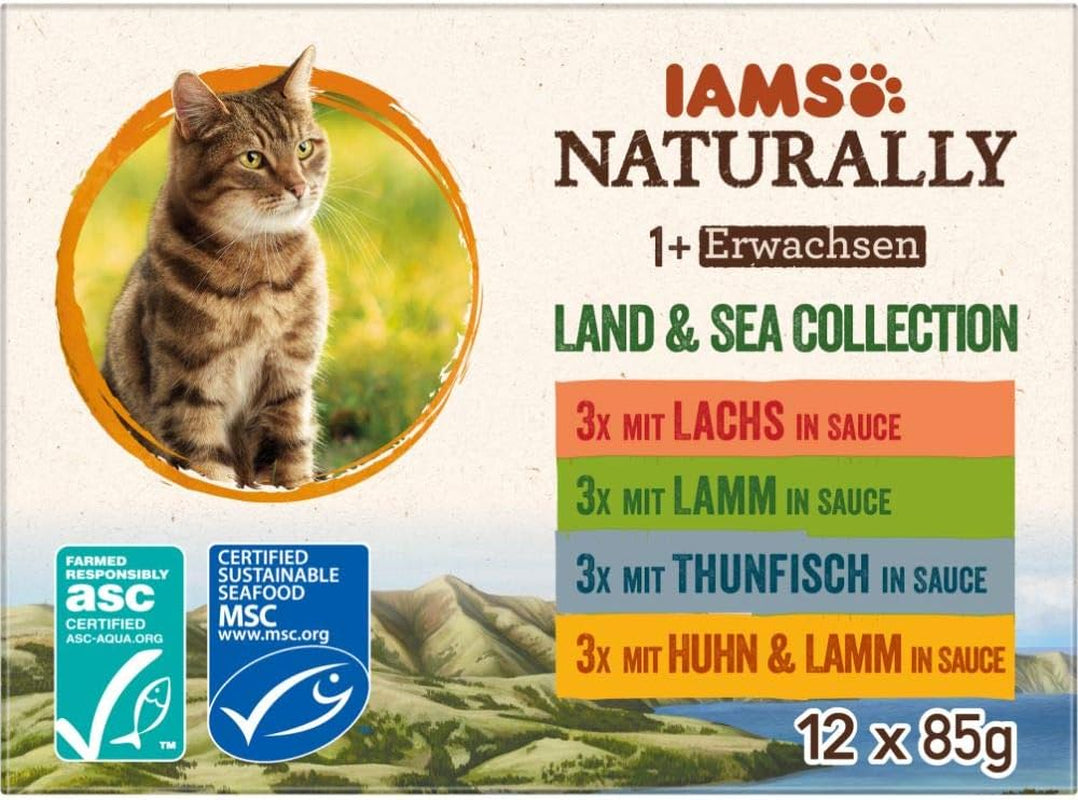 IAMS Comida húmeda natural para gatos en salsa - Comida húmeda de carne y pescado de alta calidad para gatos adultos, Colección Land & Sea, 12 x 85 g