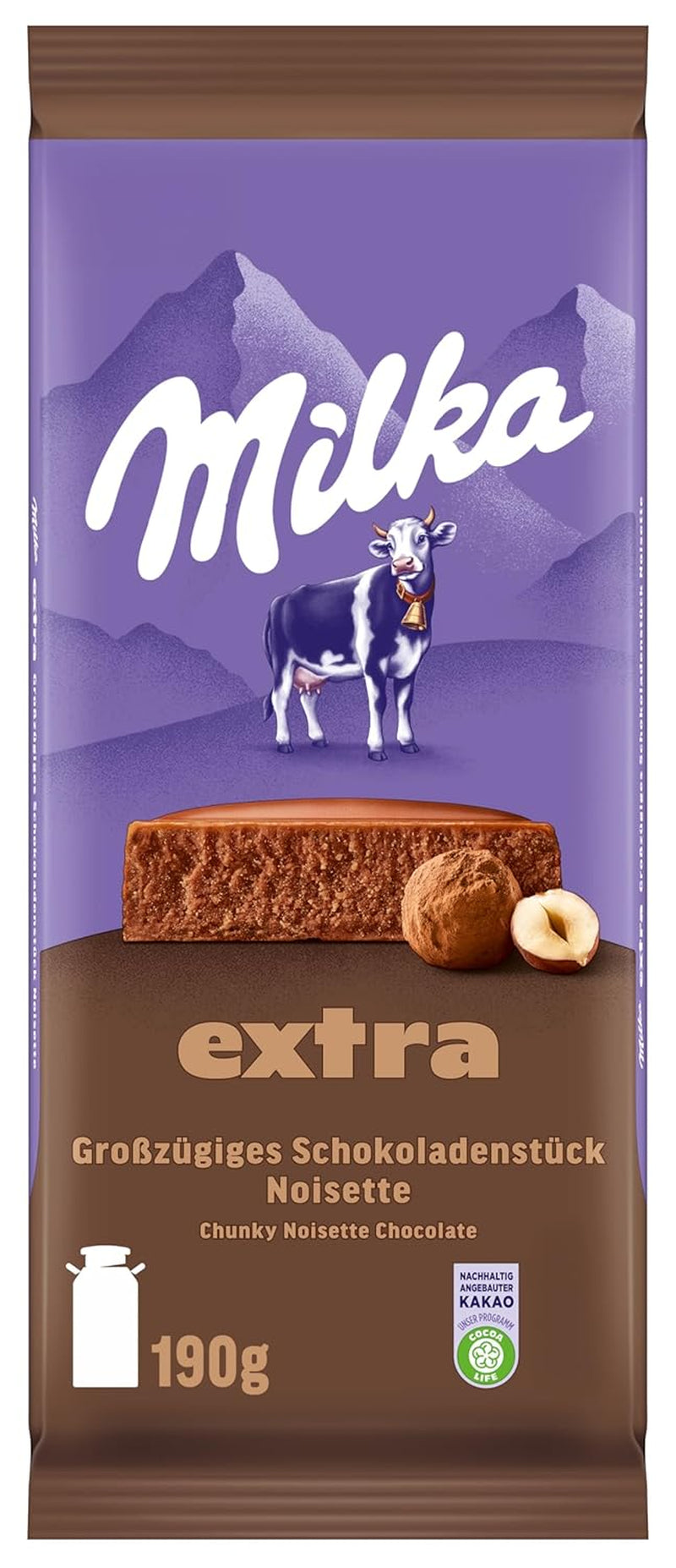 Milka Extra Noisette – Chocolate con leche alpino con relleno delicado y cremoso de avellanas – 15 x 190 g