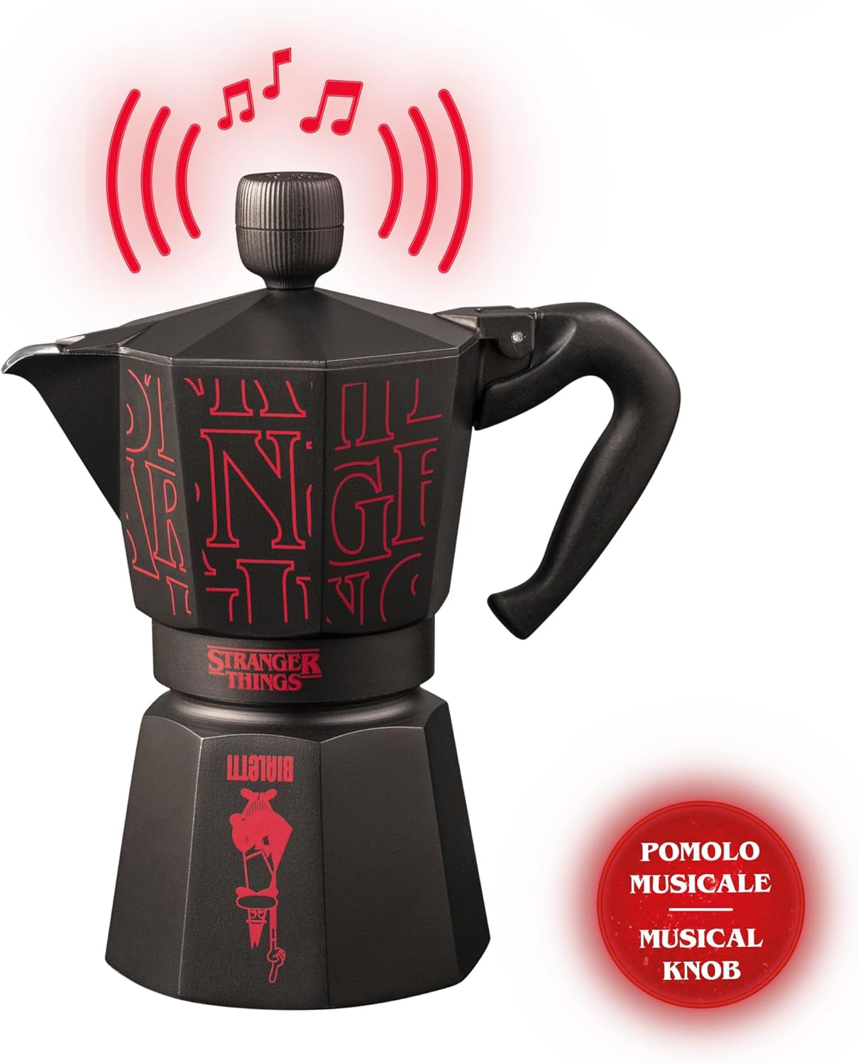 Bialetti Moka Express Stranger Things Cafetera de 6 tazas, botón musical con función de carga USB-C, no apta para placas de inducción, 6 tazas (270 ml), negra